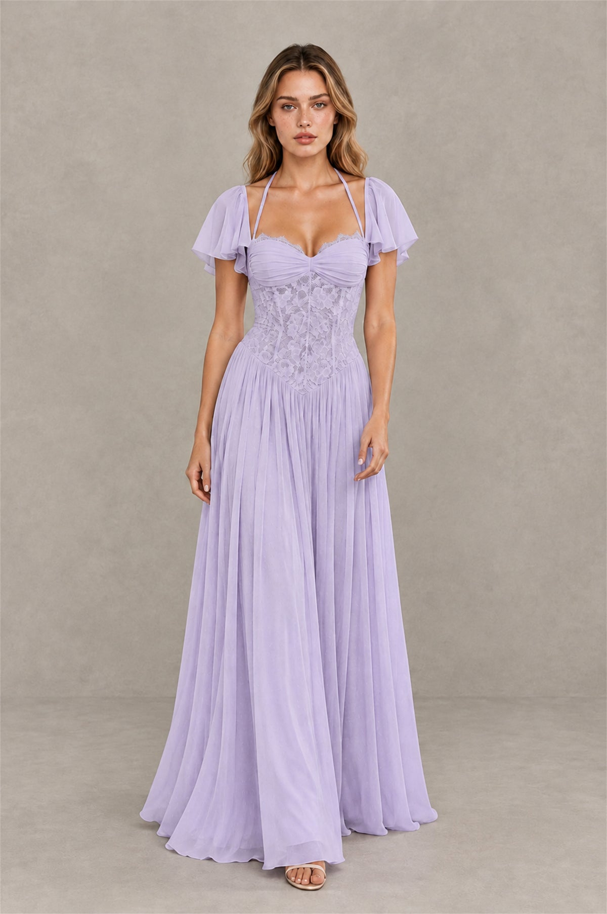 BOLODOO Lilac Flutter Sleeve Lace Corset A-Line Maxi Dress - Lilac - Lilac (3)