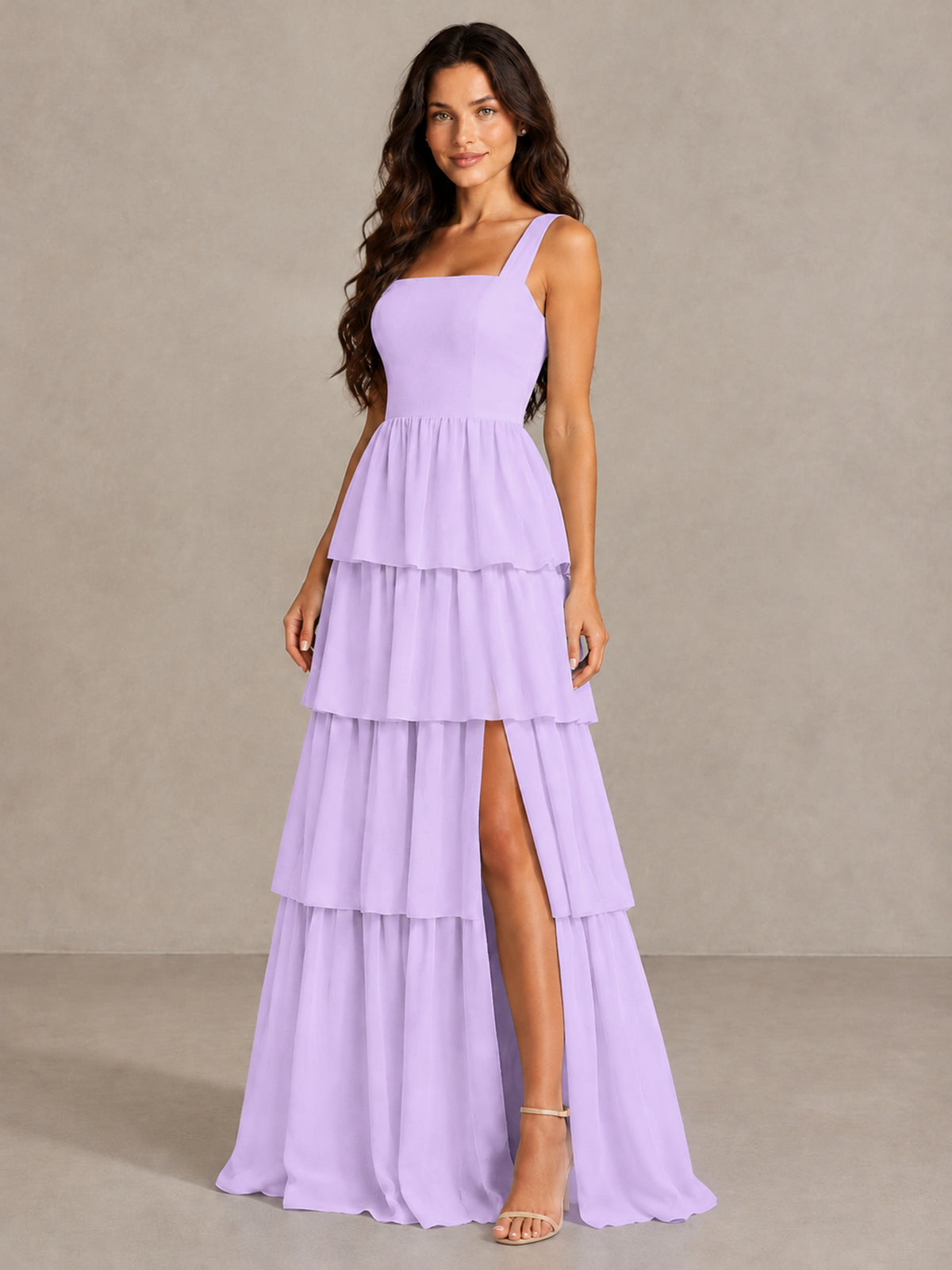BOLODOO Lilac Square Neck Tiered Bridesmaid Dress with Slit - Lilac - Lilac (3)