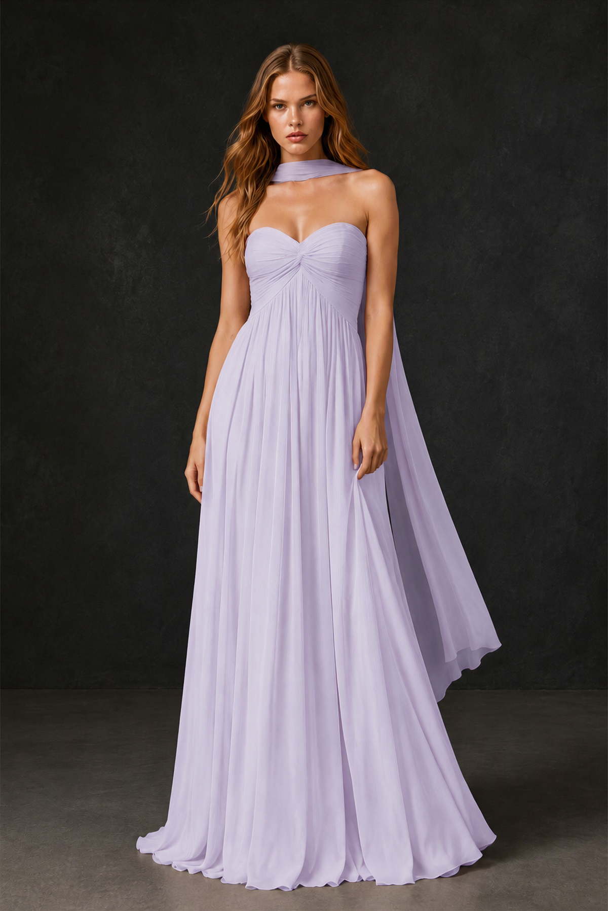 BOLODOO Lilac Sweetheart Strapless Twist Knot Detached Halter Scarf Lace-Up Back Empire Waist Chiffon Maxi Dress - Lilac