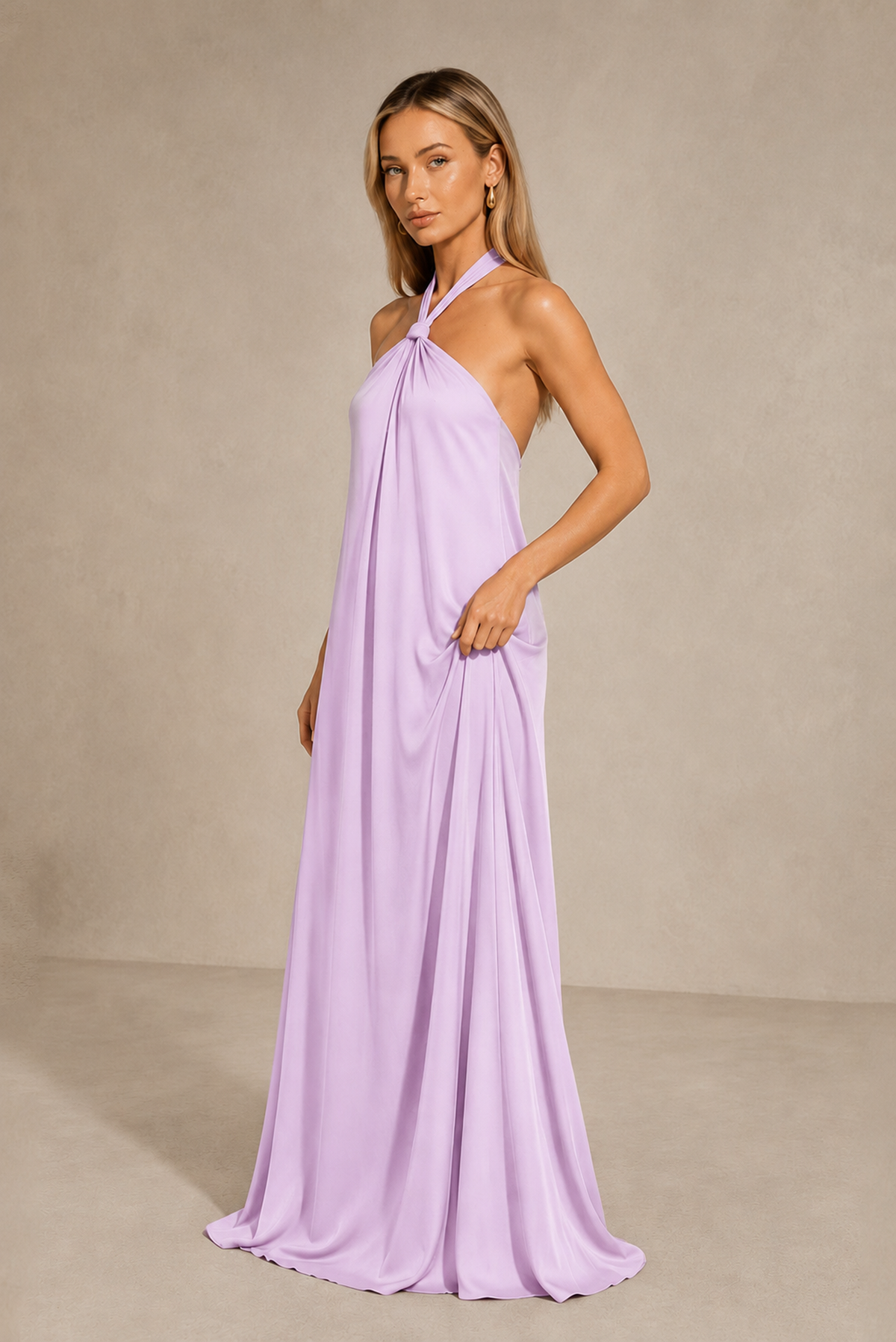 BOLODOO Lilac Backless Halter Satin Bridesmaid Dress - Lilac