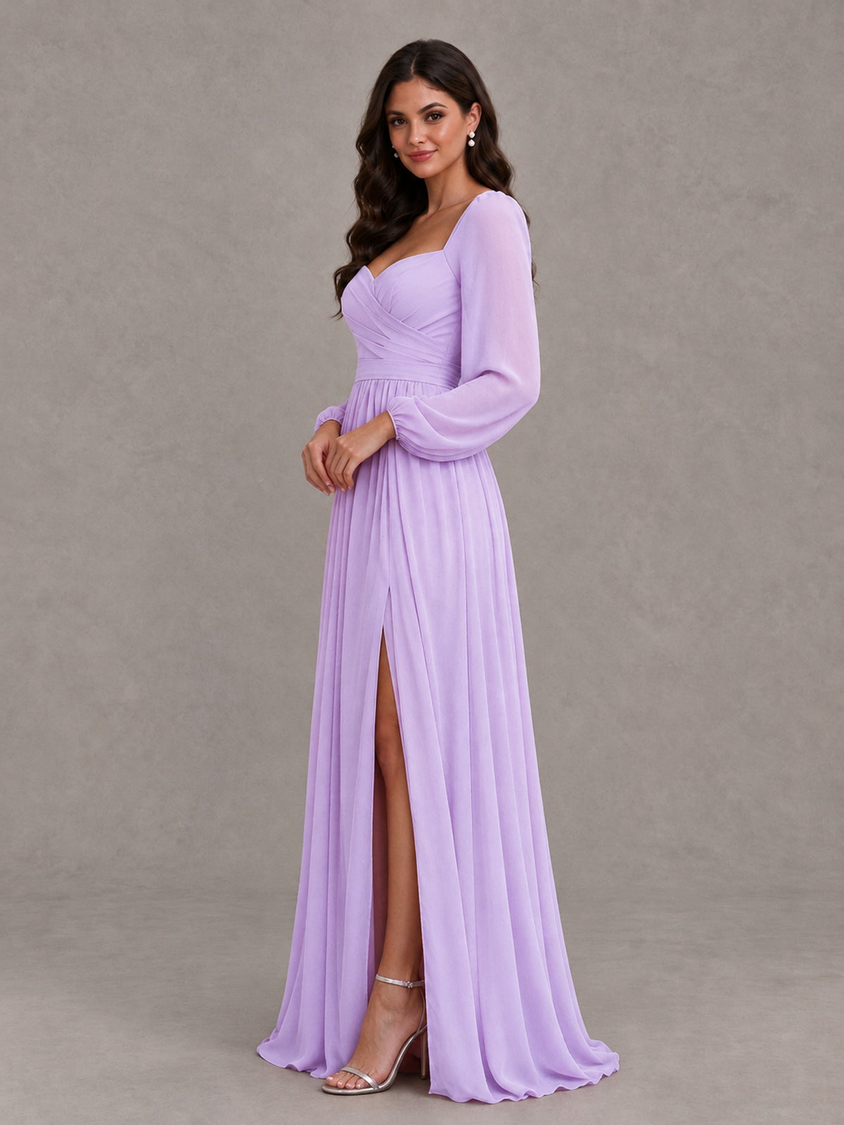 BOLODOO Lilac Long Sleeve Chiffon Bridesmaid Dress with Slit - Lilac - Lilac (3)