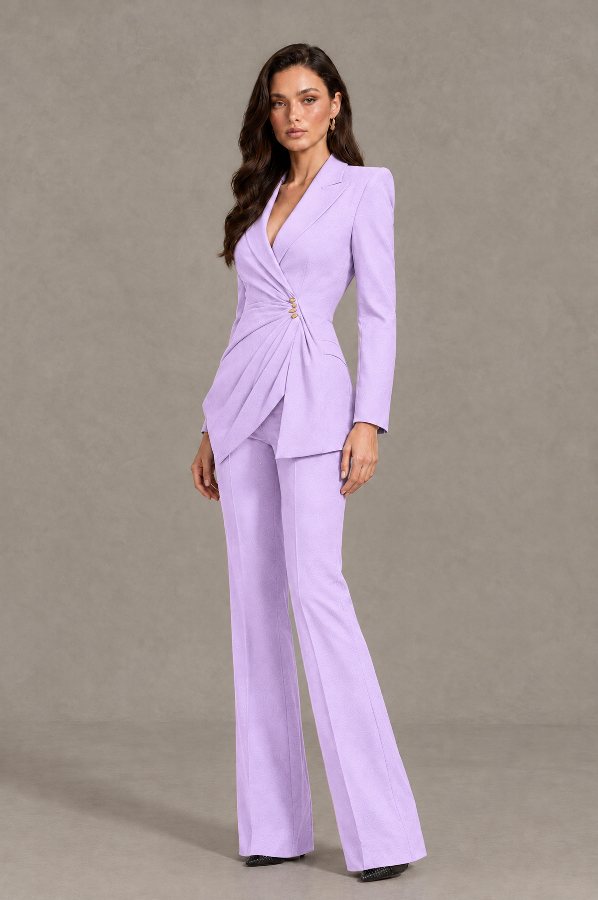 BOLODOO Lilac Long Sleeve Wrap Blazer Pantsuit with Wide-Leg Trousers - Lilac - Lilac (3)
