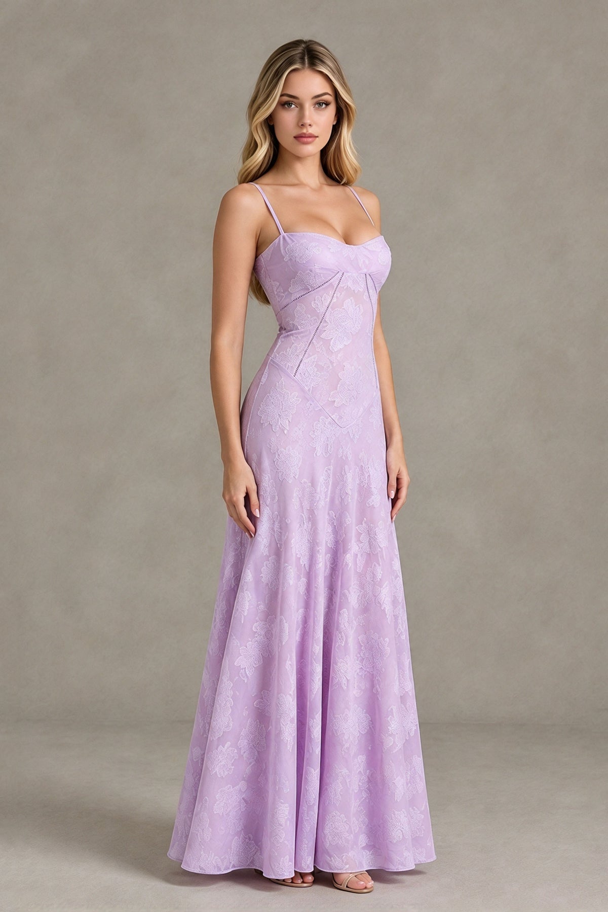 BOLODOO Lilac Floral Lace Wedding Guest Dress Spaghetti Straps Prom Dress - Lilac - Lilac (3)