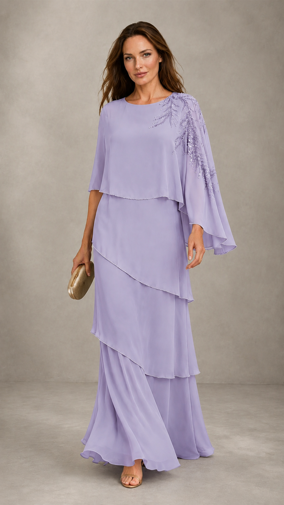 BOLODOO Lilac Mocha Asymmetric Cape Sleeve Lilac Sequin Embroidered Pearl Trim Tiered Chiffon Gown - Lilac