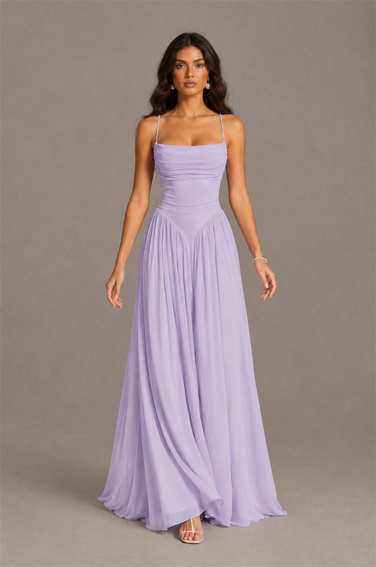 BOLODOO Lilac Spaghetti Strap Square Neck Ruched Chiffon Maxi Dress with Lace-Up Back - Lilac