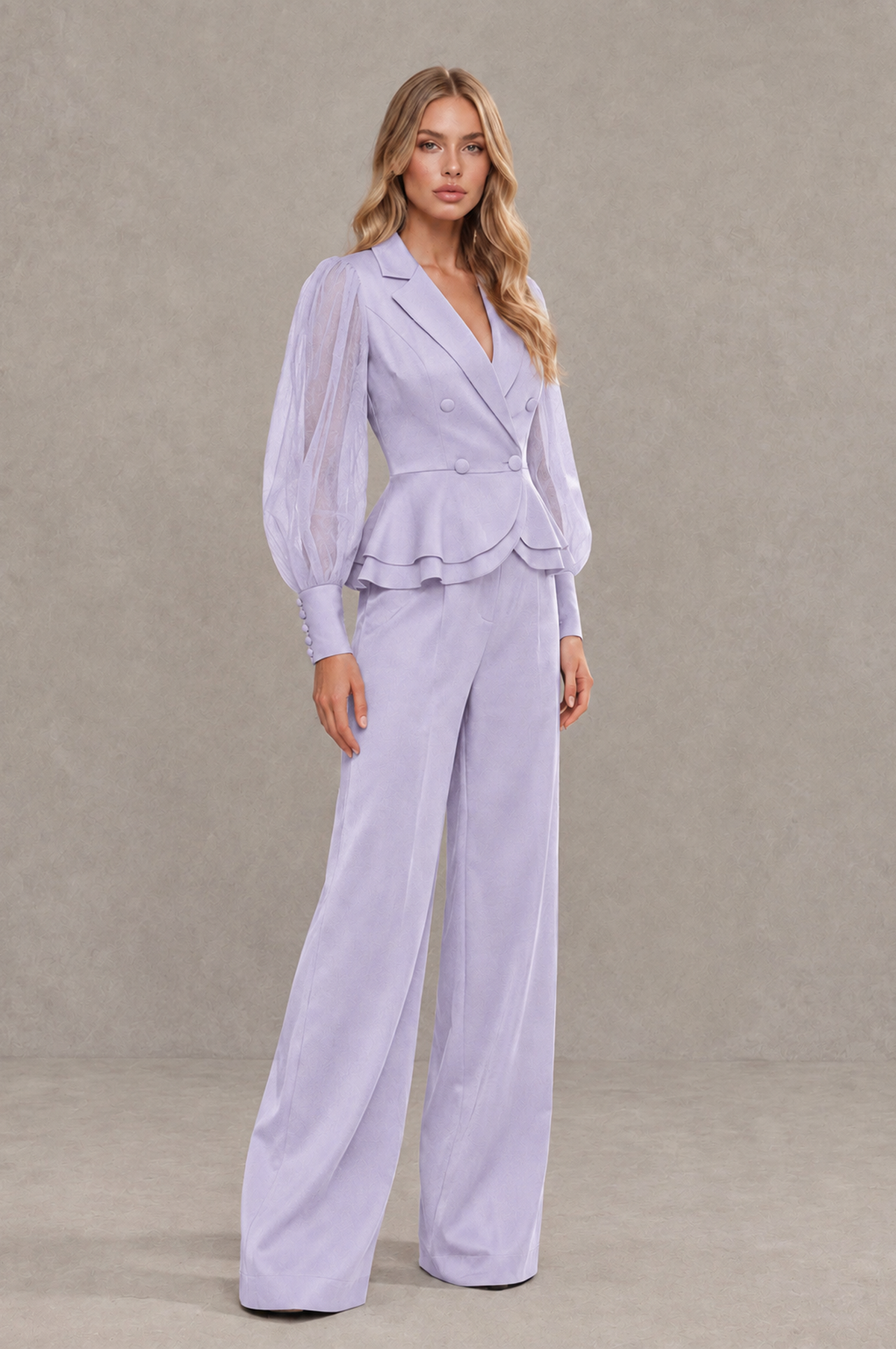 BOLODOO Mint Lilac Peplum Blazer Wide-Leg Pantsuit with Sheer Puff Sleeves - Lilac