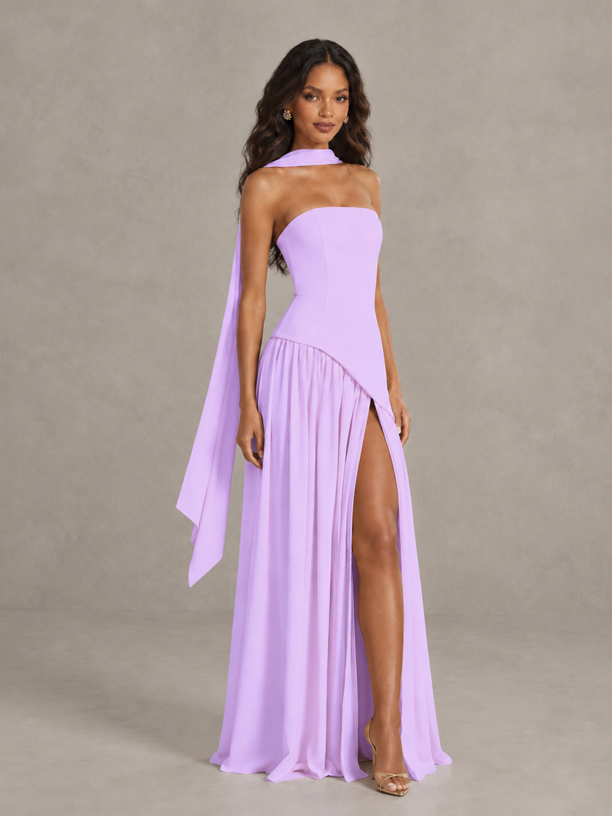 Lilac Strapless Bridesmaid Dress with Scarf & High Slit - Lilac - Lilac (3)