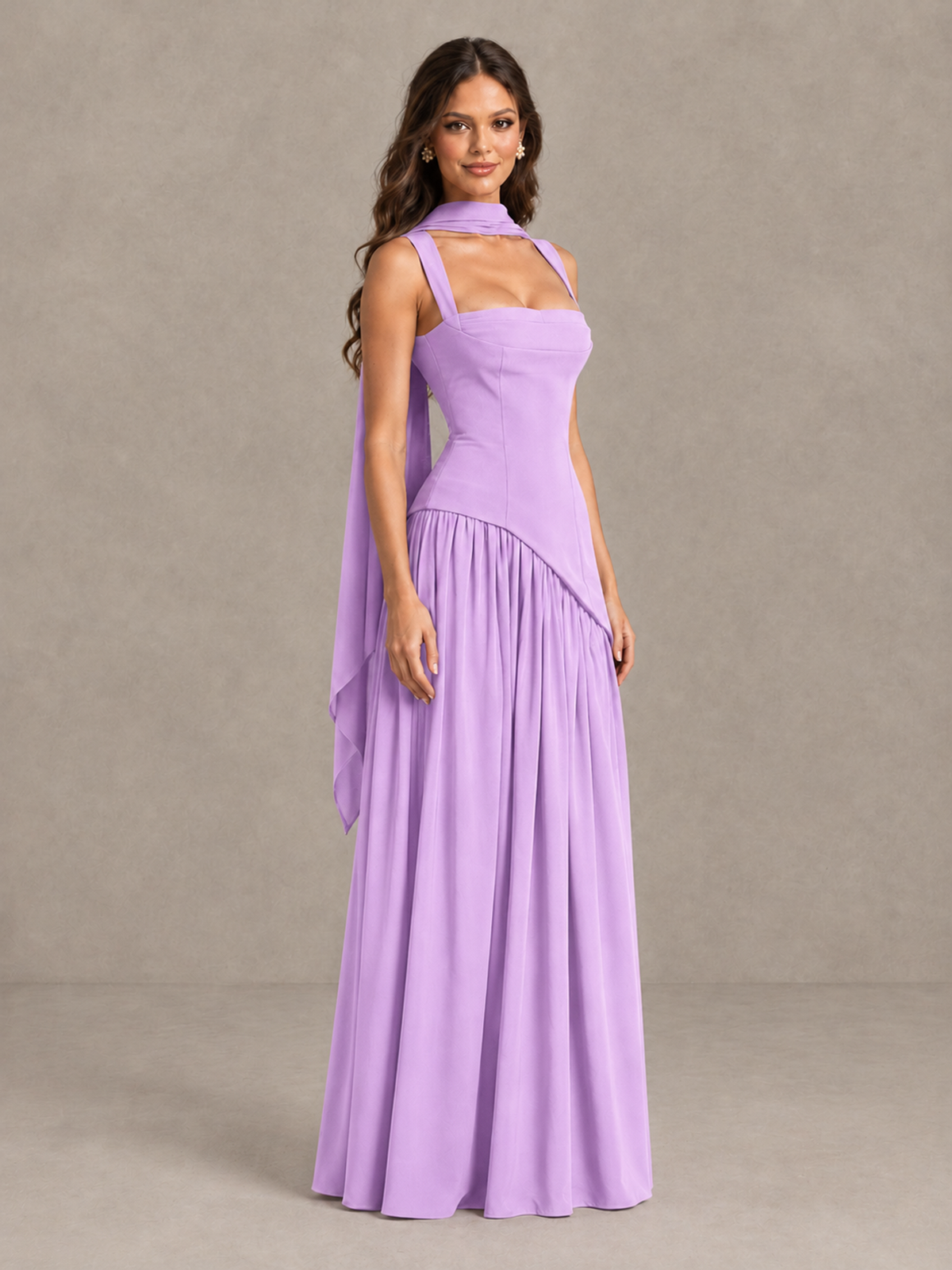 BOLODOO Lilac Brown Scarf Bridesmaid Dress with Lace-Up Back - Lilac - Lilac (3)