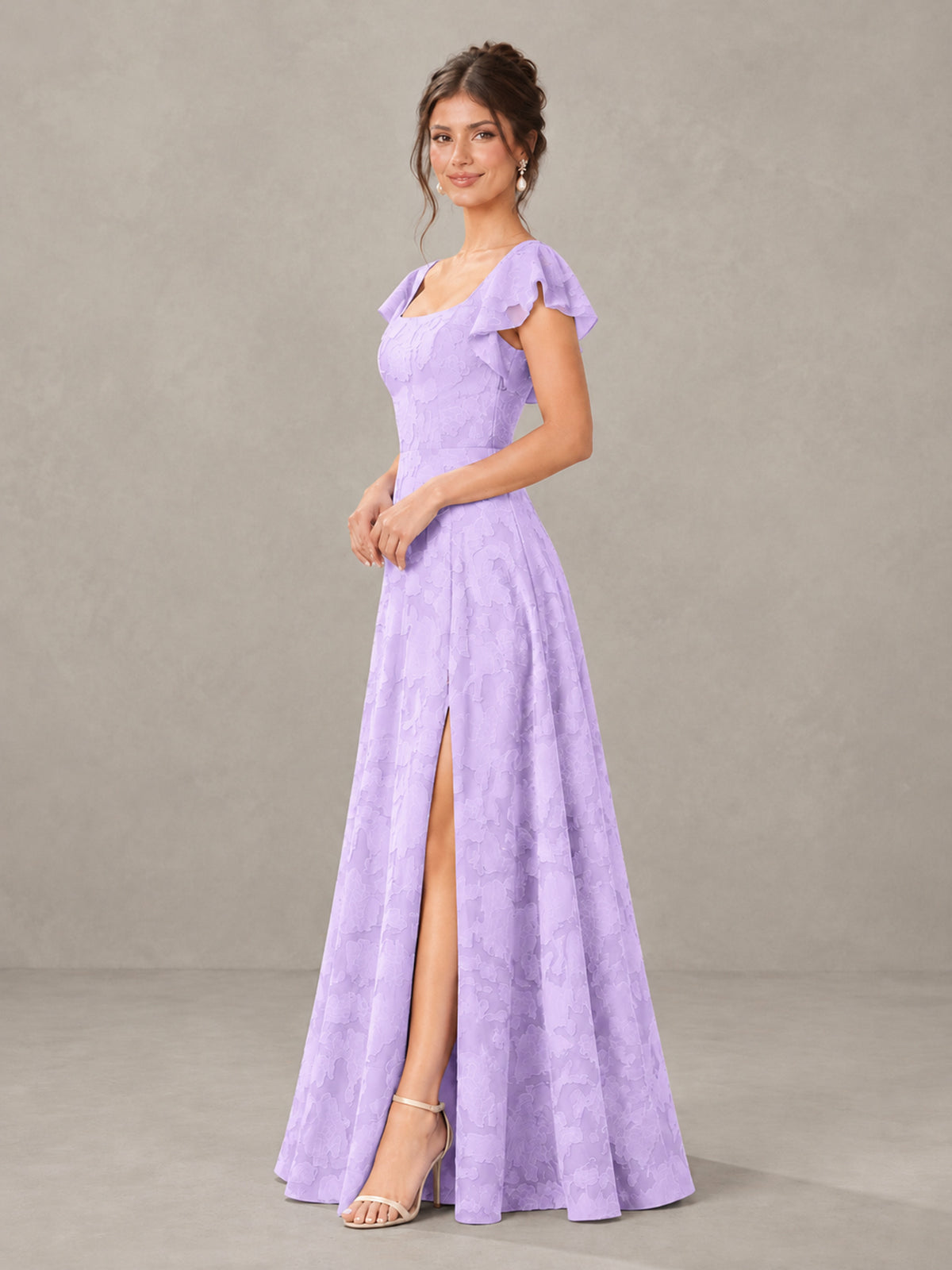 BOLODOO Lilac Floral Flutter Sleeve Bridesmaid Dress with Slit - Lilac - Lilac (3)