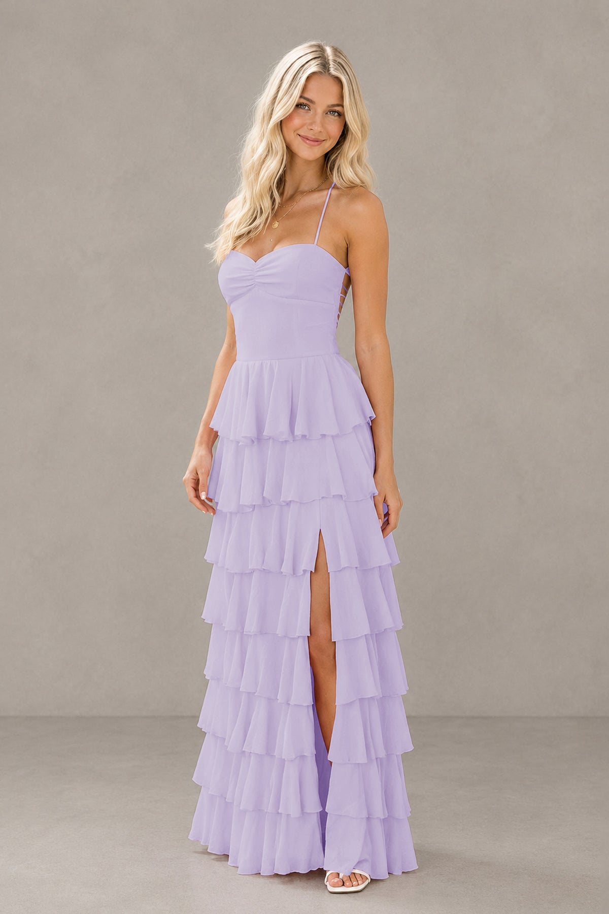 BOLODOO Lilac Strapless Tiered Ruffle Maxi Dress with Slit & Lace-Up Back - Lilac