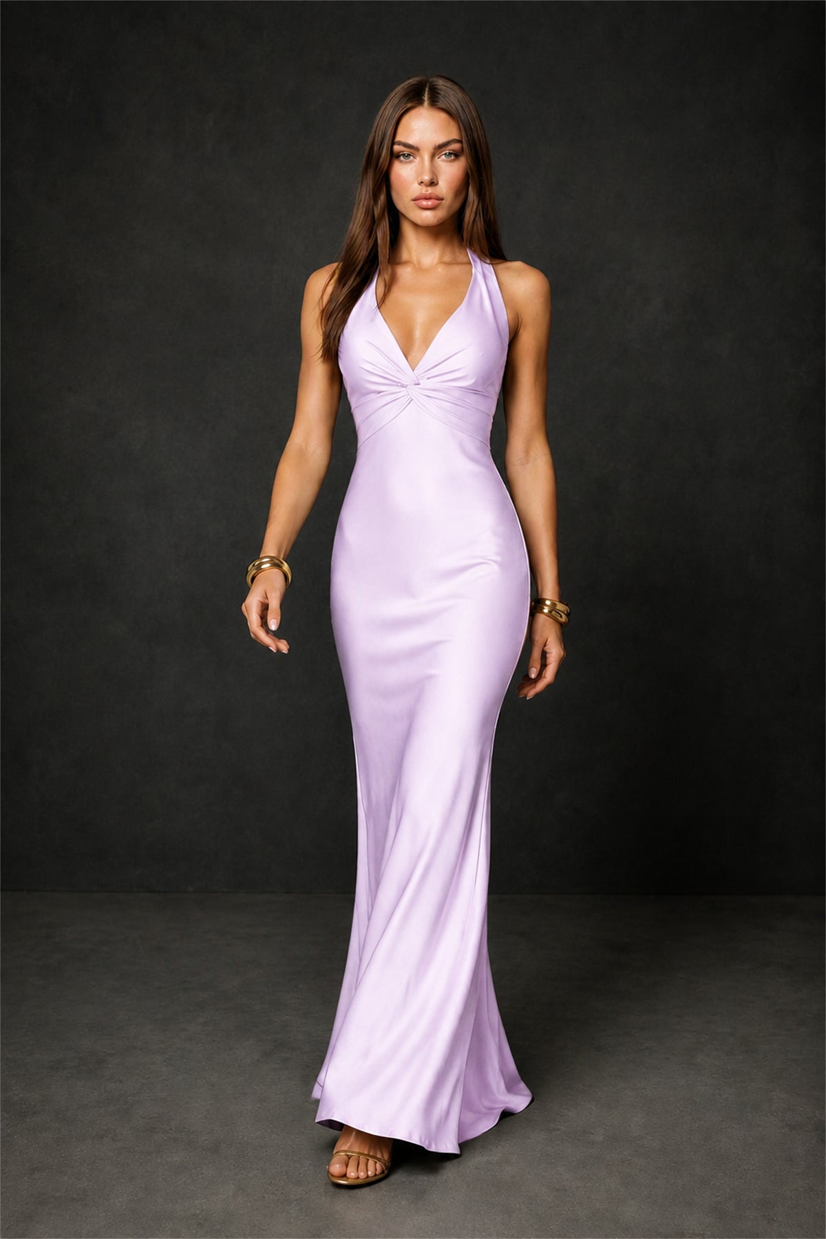 BOLODOO Lilac Deep V Neck Twisted Knot Multi-Strap Halter Open Back Satin Mermaid Maxi Dress - Lilac