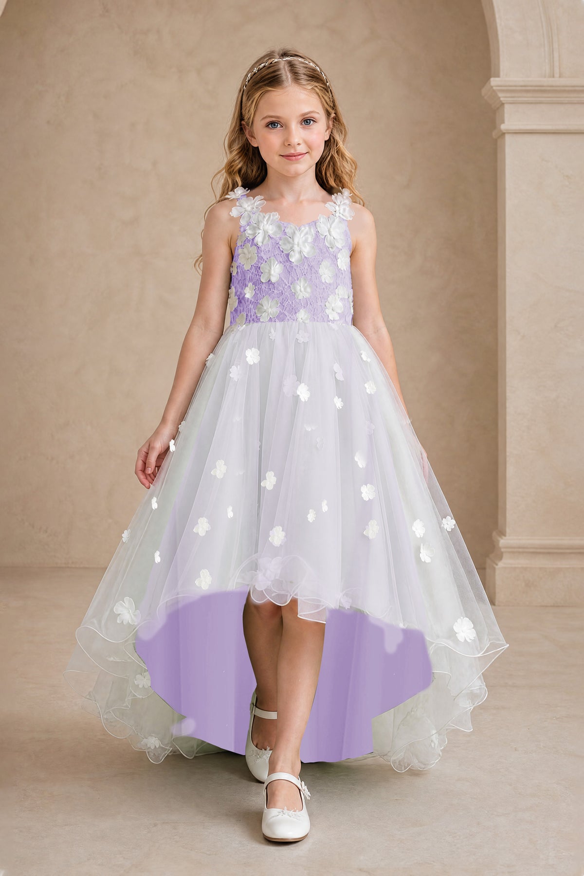 BOLODOO Lilac Flower Girl Dress with Floral Appliqué and High-Low Tulle Skirt - Lilac