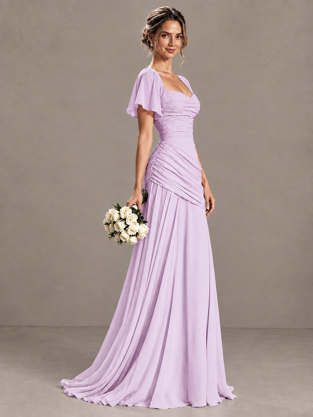BOLODOO Lilac Flutter Sleeve Lace-Up Back Maxi Dress - Lilac