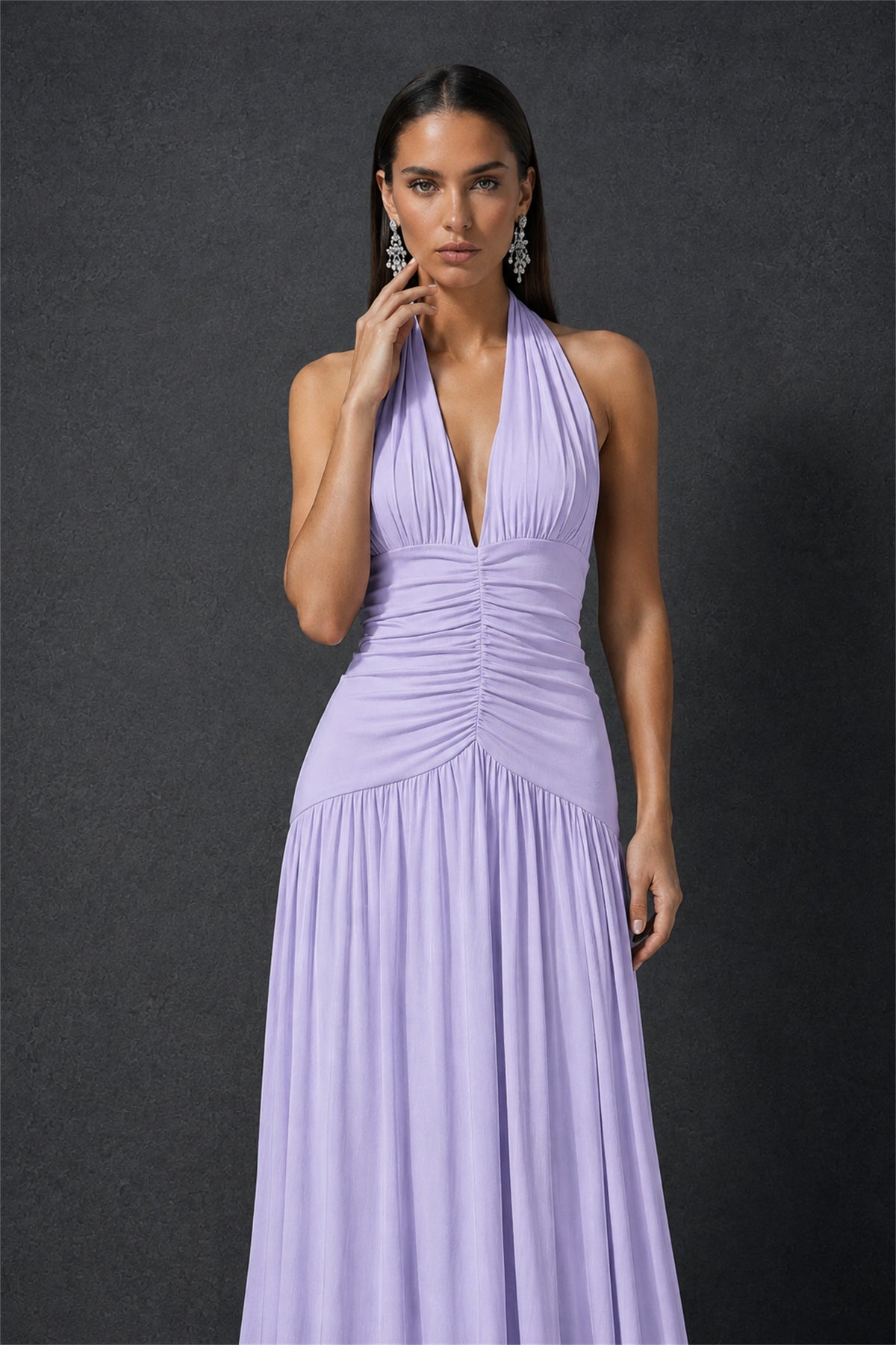BOLODOO Lilac Halter Deep V-Neck Ruched Chiffon Open Back Maxi Dress with Draped Neck Tie - Lilac