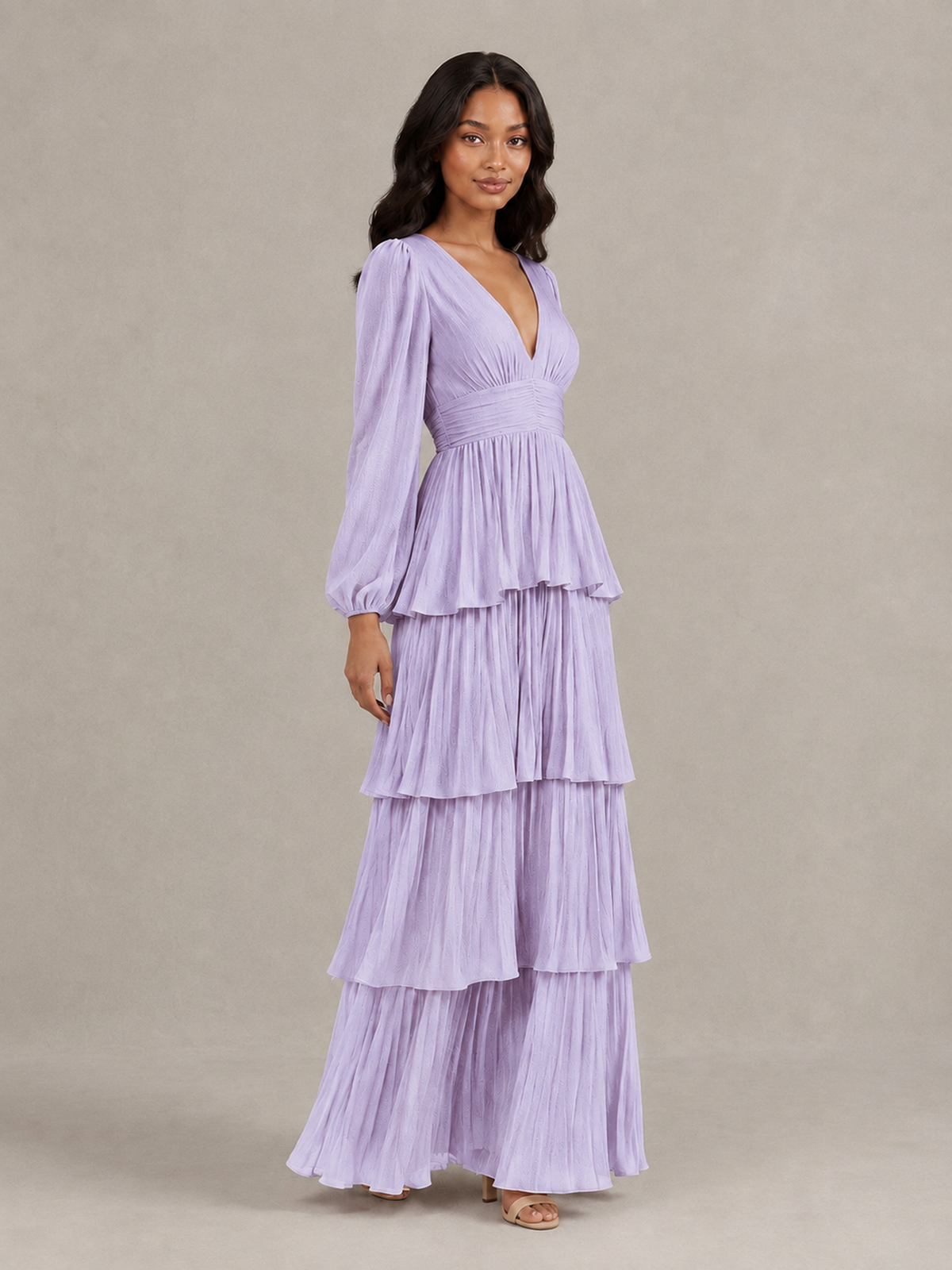 BOLODOO Lilac Long-Sleeve Tiered Maxi Dress with Deep V-Neck - Lilac