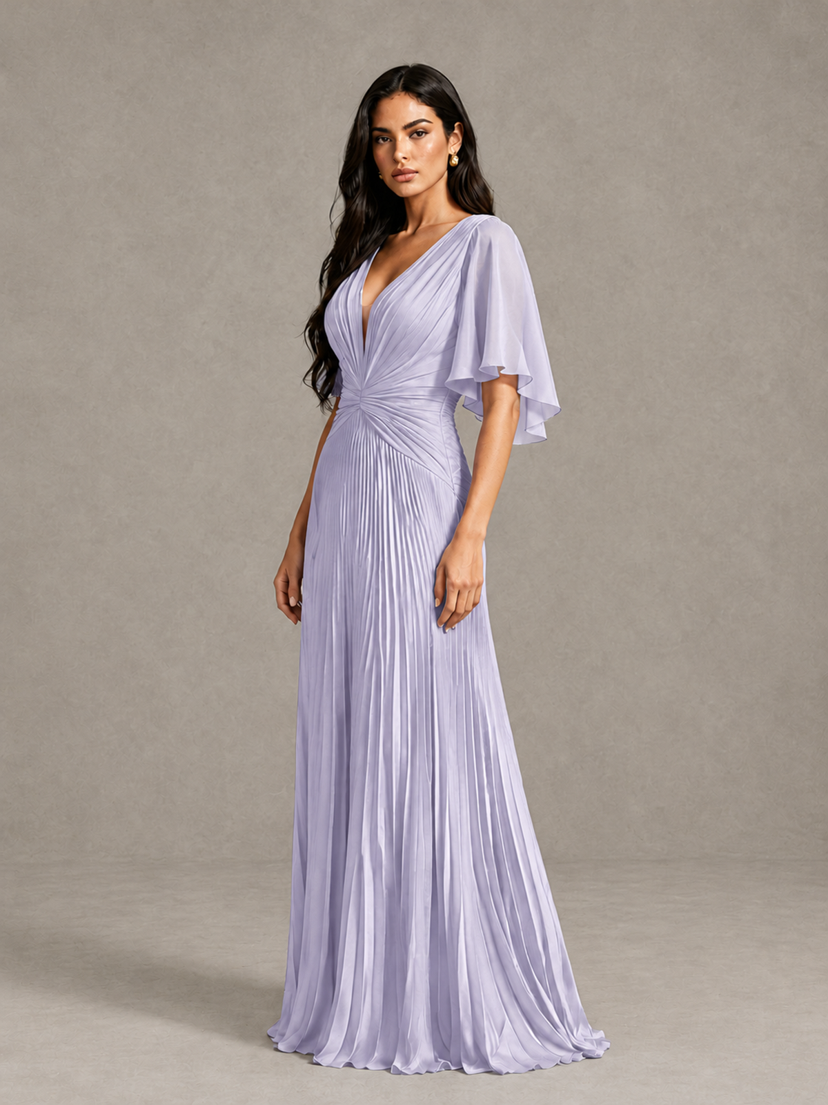BOLODOO Lilac Pleated V-Neck Flutter Sleeve Bridesmaid Dress - Lilac - Lilac (3)