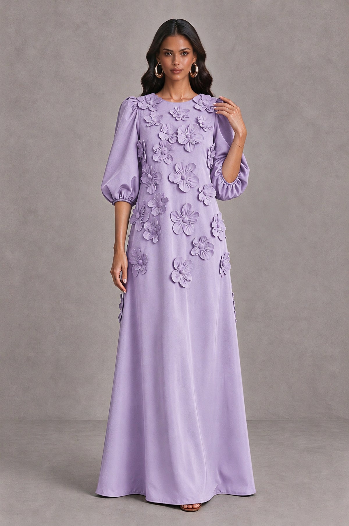 BOLODOO Lilac Floral Applique Puff Sleeve A-Line Evening Dress - Lilac - Lilac (3)