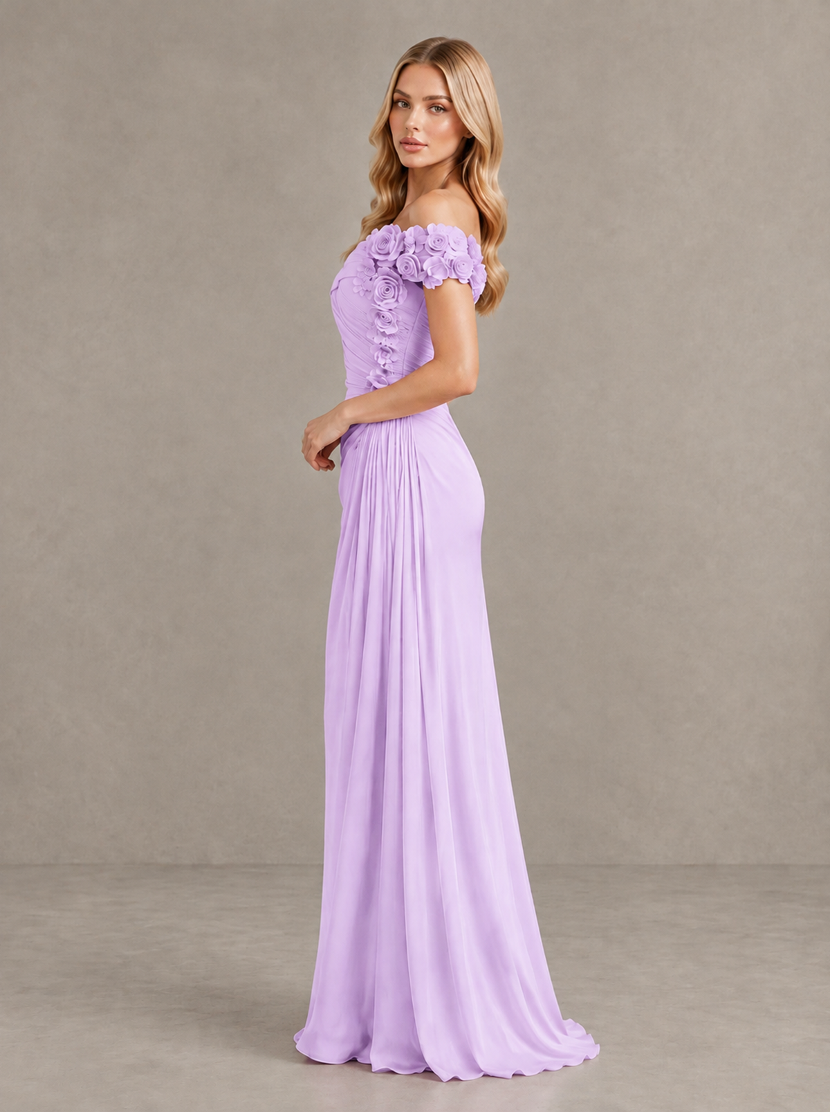 BOLODOO Lilac Off-Shoulder Floral Applique Wedding Guest Maxi Dress - Lilac - Lilac (3)