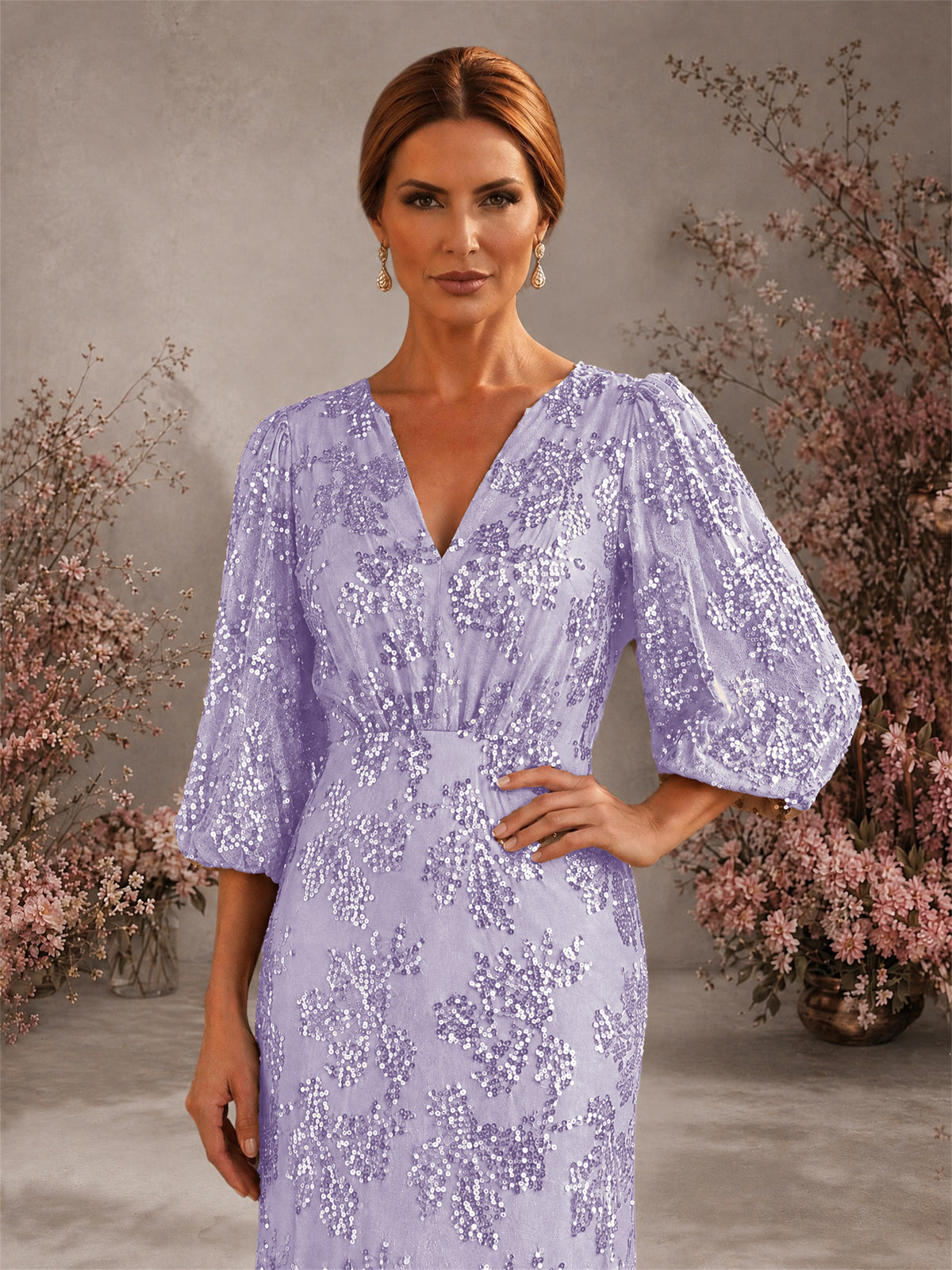 BOLODOO Lilac V-Neck Lantern Sleeve All-Over Sequin Floral Embroidered Mermaid Gown - Lilac