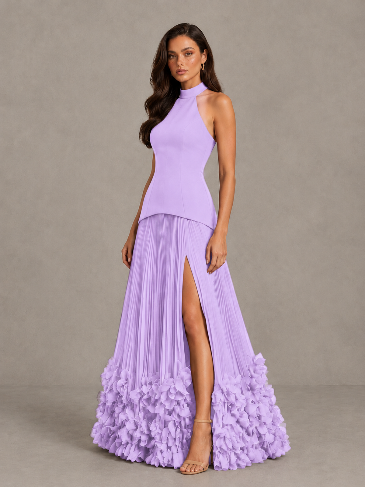 BOLODOO Lilac Halter Neck Floor-Length Evening Gown with High Slit & 3D Floral Hem - Lilac - Lilac (3)
