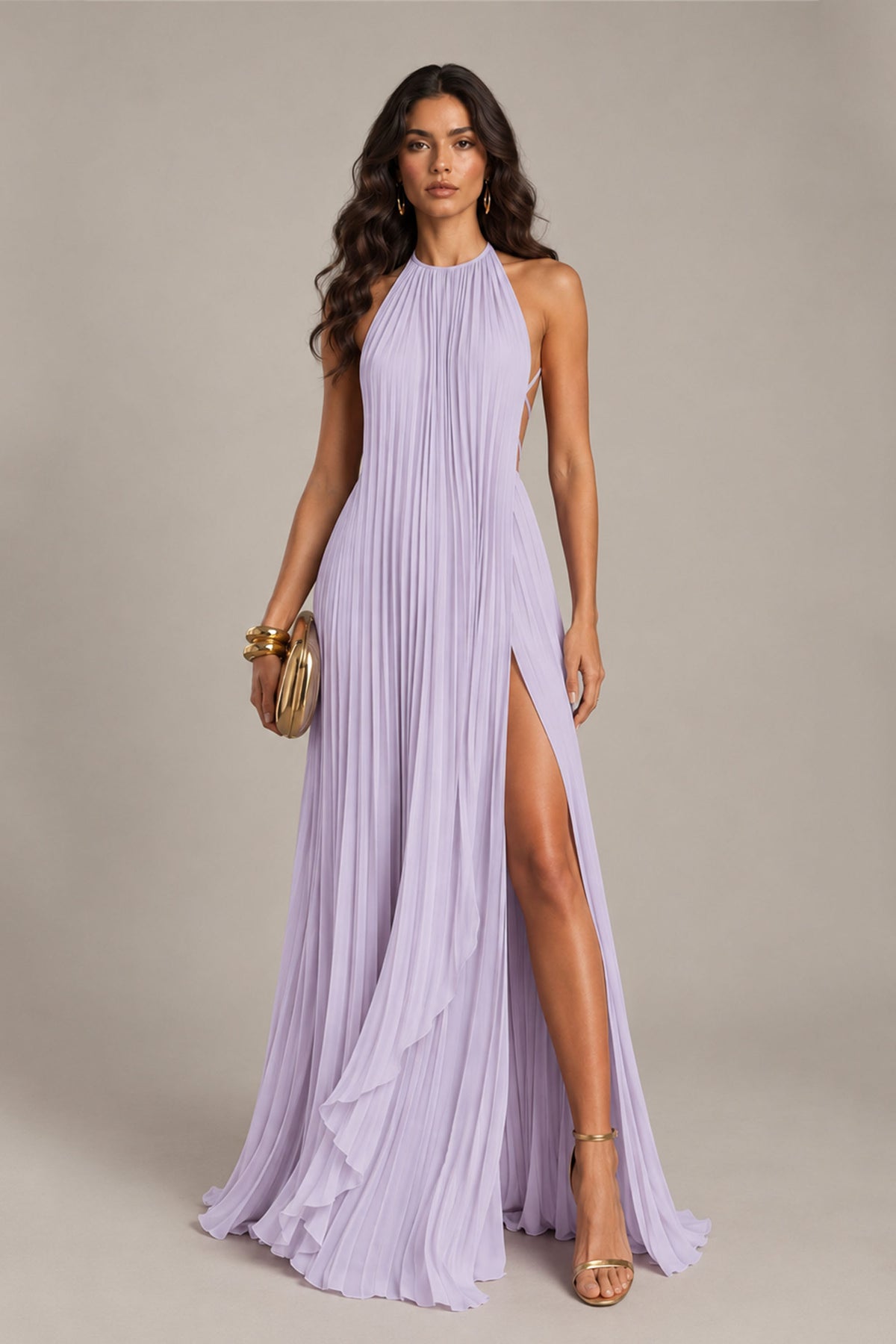 BOLODOO Lilac Halter Neck Pleated Chiffon Maxi Dress with Side Slit - Lilac