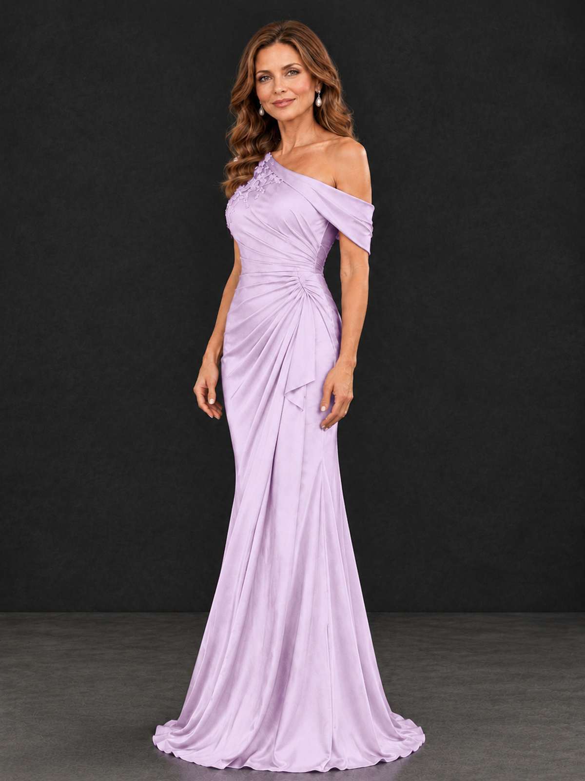 BOLODOO Lilac Asymmetric Satin Mother of the Bride Dress with Lace Sleeve - Lilac - Lilac (3)