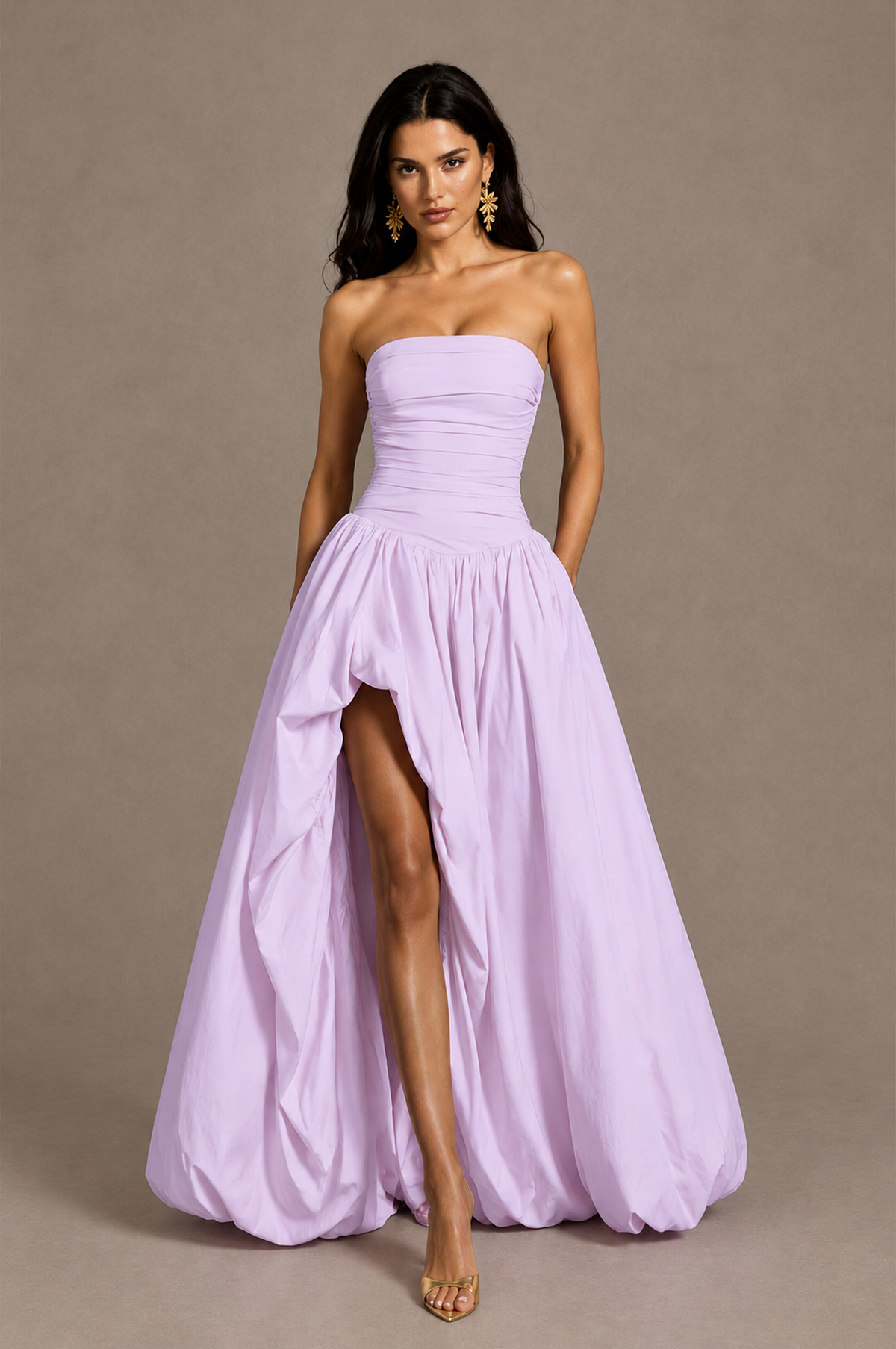 BOLODOO Lilac Strapless Ruched Corset Lace-Up Back Bubble Skirt High Slit Taffeta Maxi Dress - Lilac