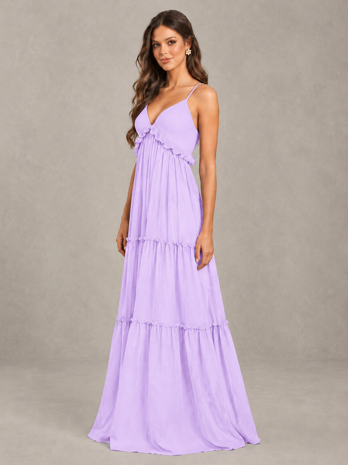 BOLODOO Lilac Tiered V-Neck Lace-Up Back Bridesmaid Dress - Lilac - Lilac (3)