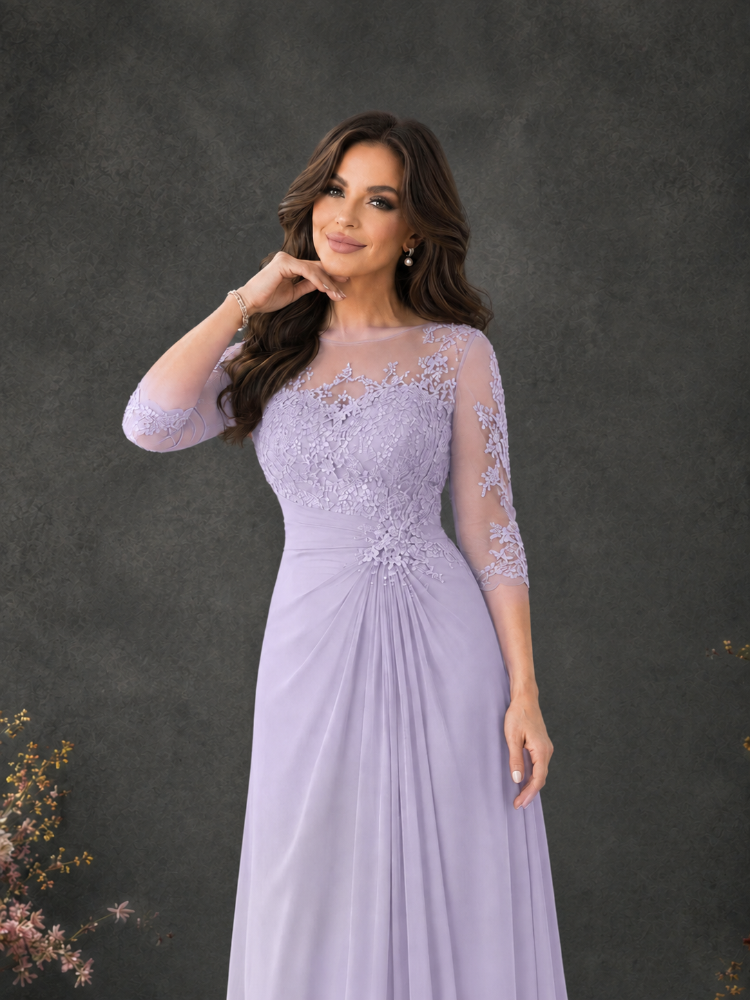 BOLODOO Lilac Chiffon Lace Illusion Neckline 3/4 Sleeve Floor Length Formal Gown - Lilac