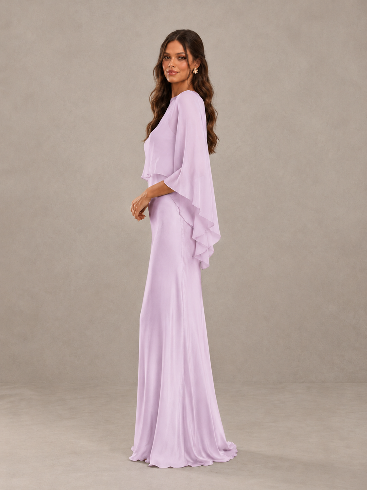 BOLODOO Lilac Satin Mermaid Bridesmaid Dress with Chiffon Cape - Lilac - Lilac (3)