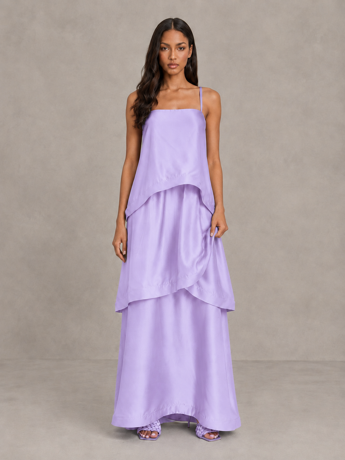 BOLODOO Lilac Satin Tiered Maxi Dress with Spaghetti Straps - Lilac