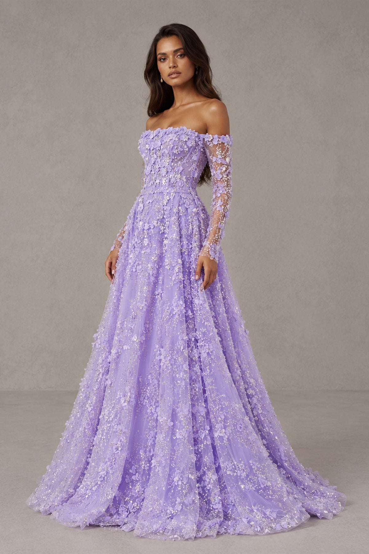 BOLODOO Lilac Off Shoulder Floral Lace Gown with Long Sleeves - Lilac