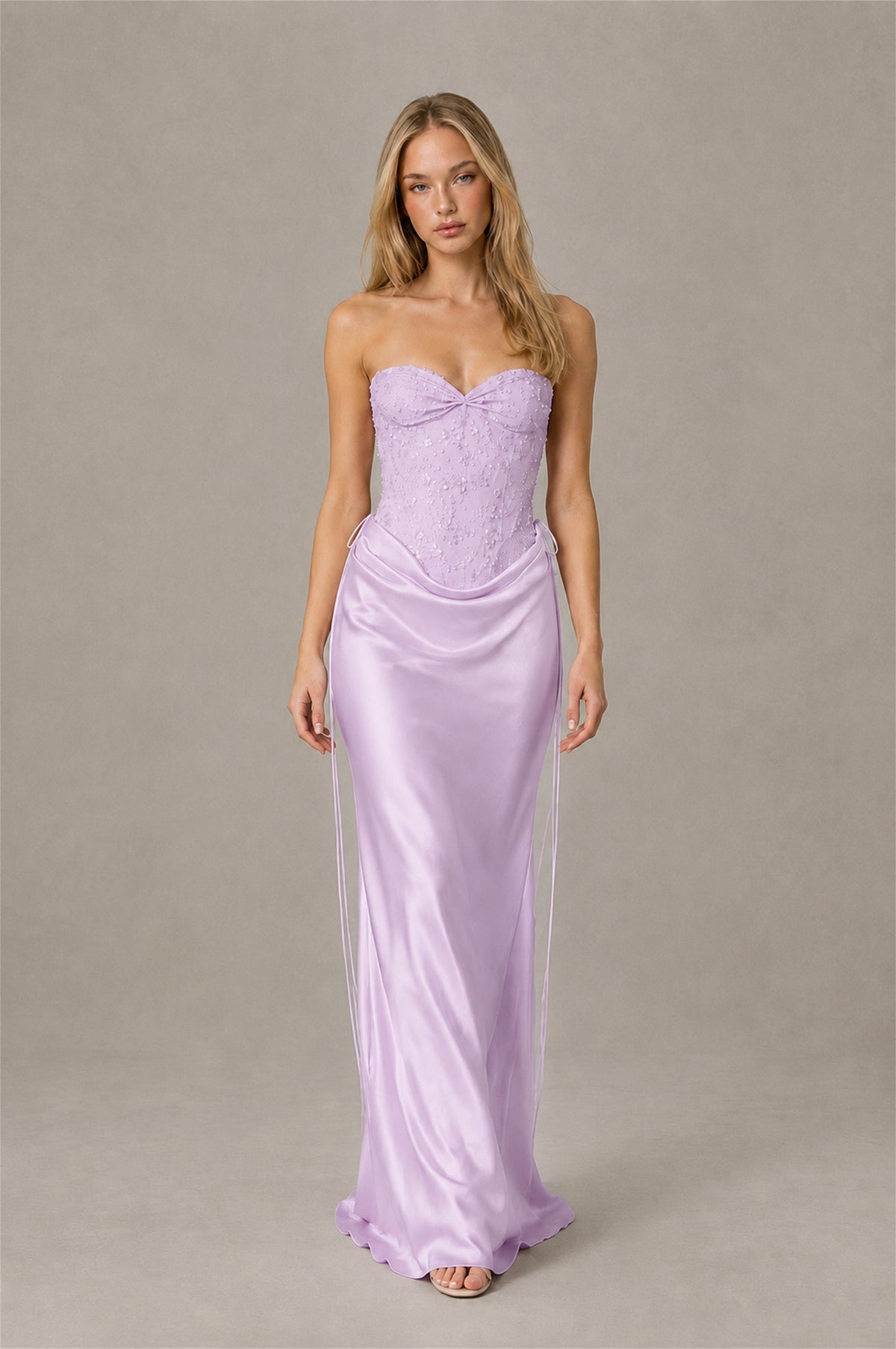 BOLODOO Lilac Strapless Embellished Corset Satin-Look Maxi Dress - Lilac