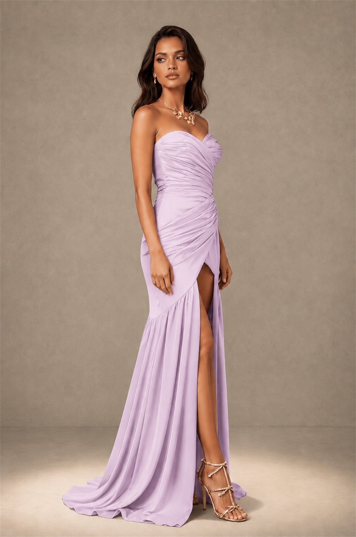 BOLODOO Lilac Brown Stretch Satin Sweetheart Strapless Ruched Open Back High Slit Mermaid Maxi Dress - Lilac