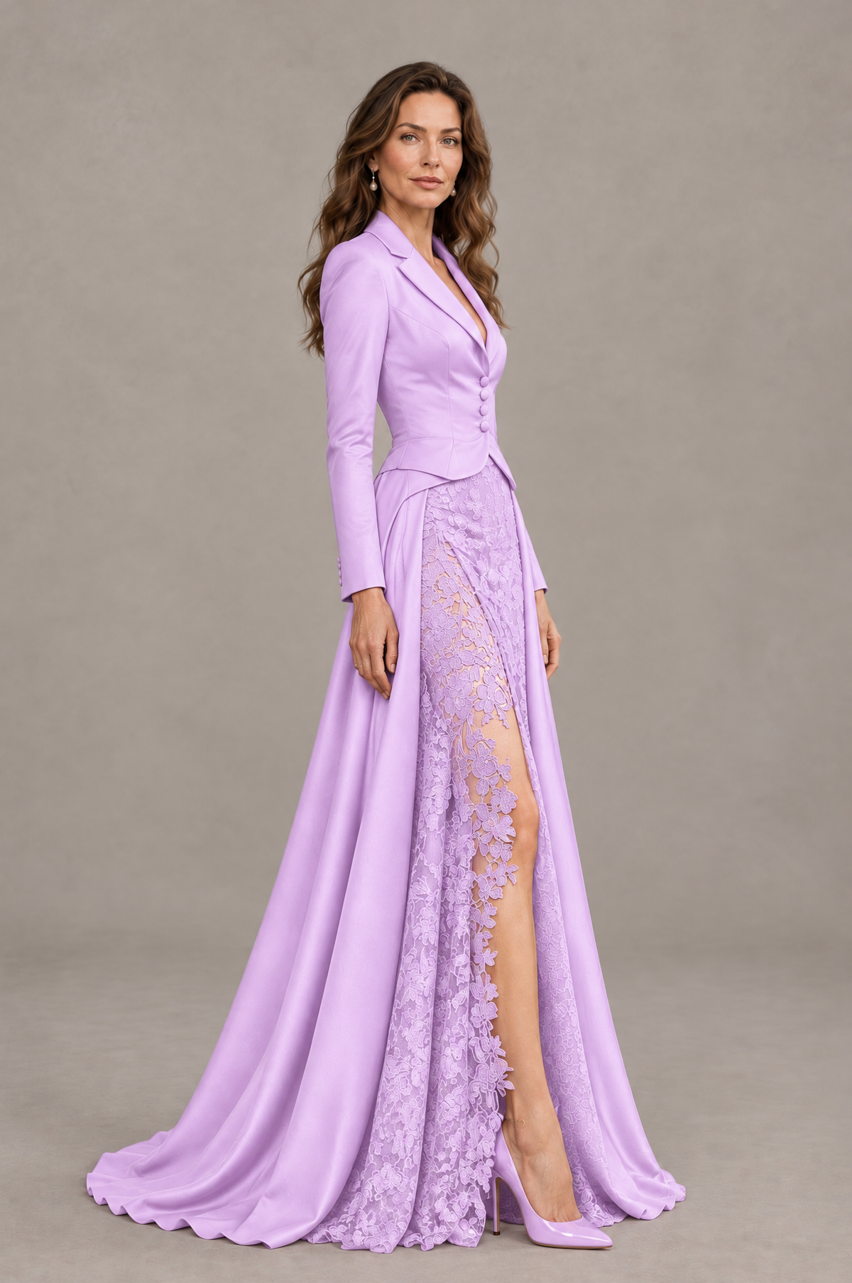 BOLODOO Lilac Long Sleeve Lace Blazer Gown with High Slit - Lilac - Lilac (3)