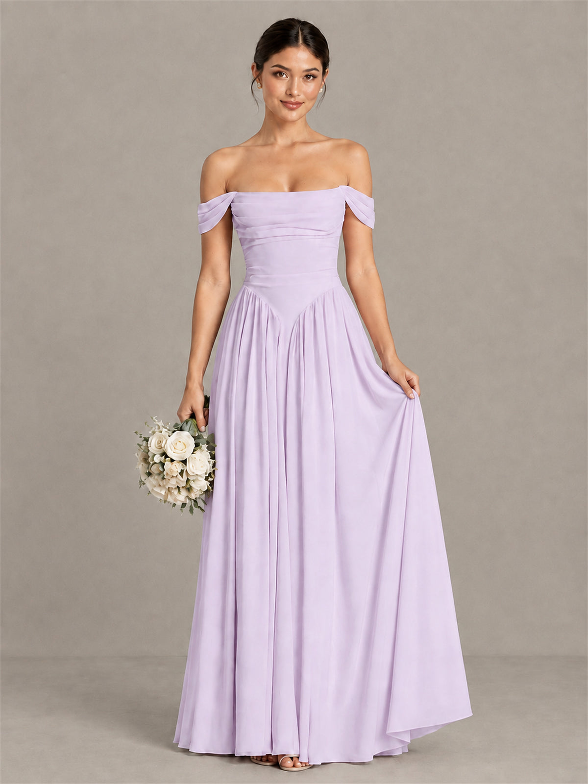 BOLODOO Lilac Off-Shoulder Chiffon A-Line Bridesmaid Dress - Lilac