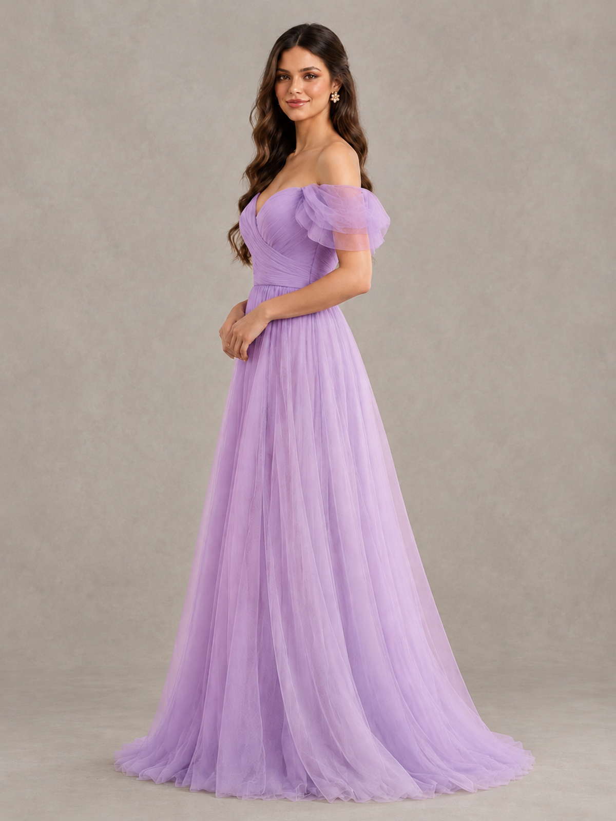 BOLODOO Lilac Off-the-Shoulder Ruffle Sleeve A-Line Bridesmaid Dress - Lilac - Lilac (3)