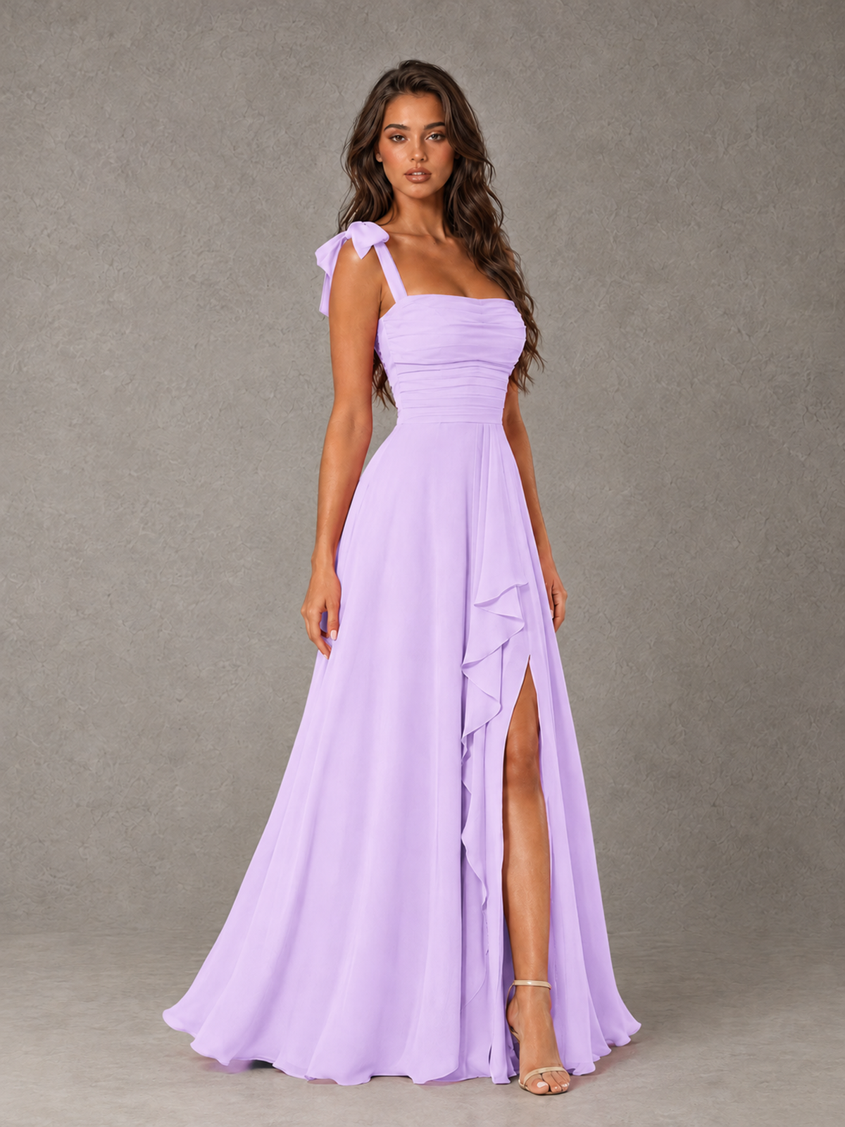 BOLODOO Lilac Bow-Strap Bridesmaid Dress with Ruffle Slit - Lilac - Lilac (3)