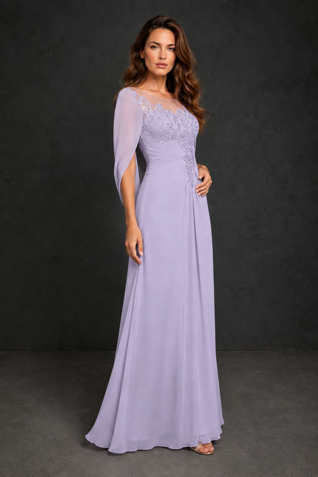 BOLODOO Lilac Illusion Lace One-Side Cape Sleeve Beaded Chiffon Floor Length Gown | Mother of the Bride Evening Dress - Lilac