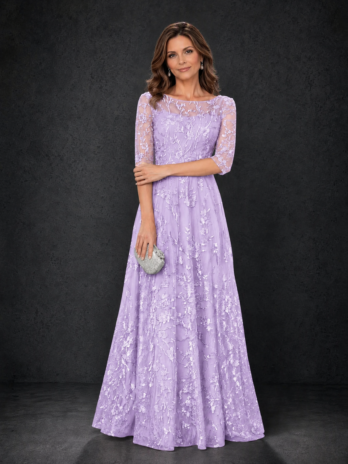 BOLODOO Steel Lilac Floral Lace A-Line Mother of the Bride Dress with 3/4 Sleeves - Lilac