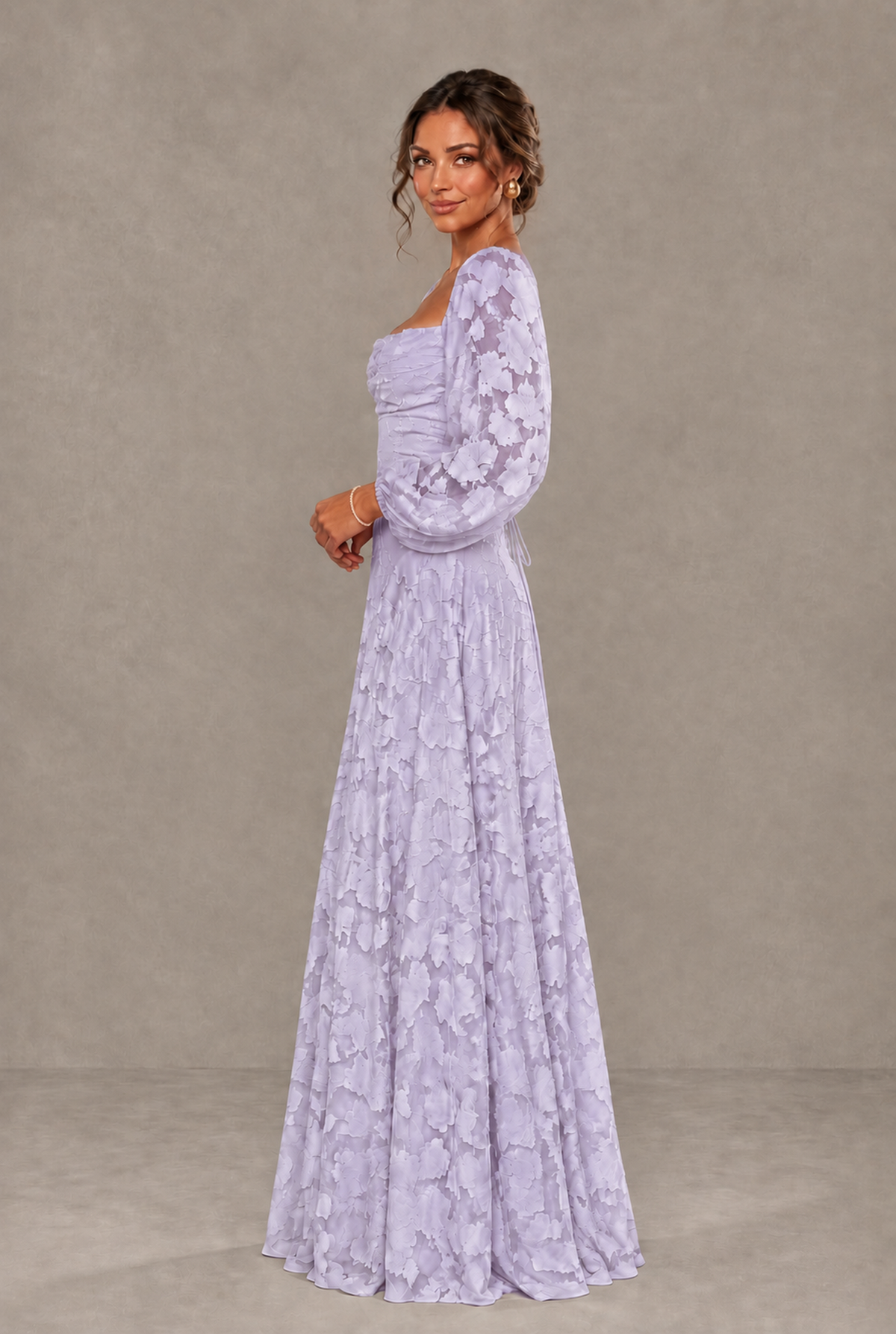 BOLODOO Floral Lilac Long Sleeve A-Line Dress with Lace-Up Back - Lilac