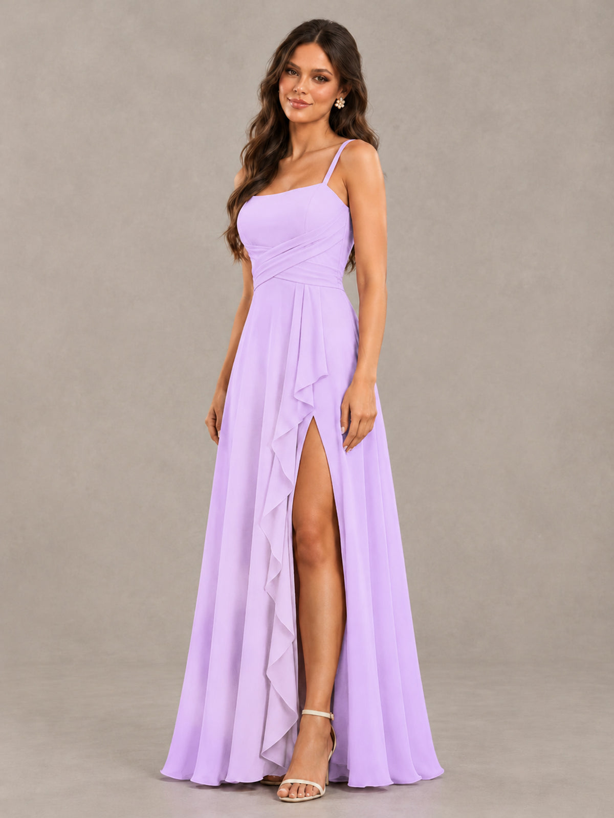 BOLODOO Lilac Spaghetti Strap Ruffle Bridesmaid Dress with Slit - Lilac - Lilac (3)
