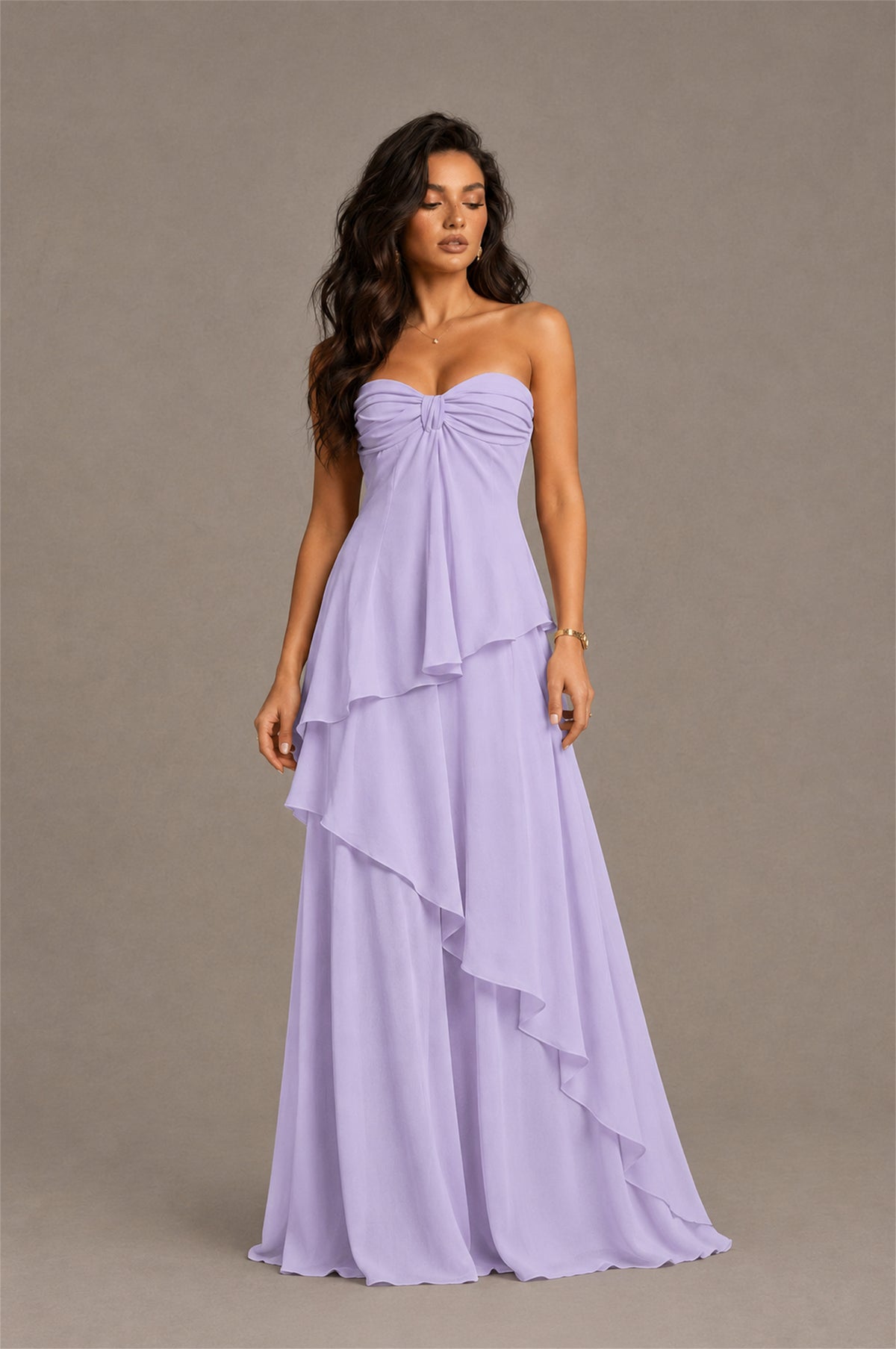 BOLODOO Lilac Strapless Sweetheart Knotted Chiffon Tiered Maxi Dress with Lace-Up Back - Lilac