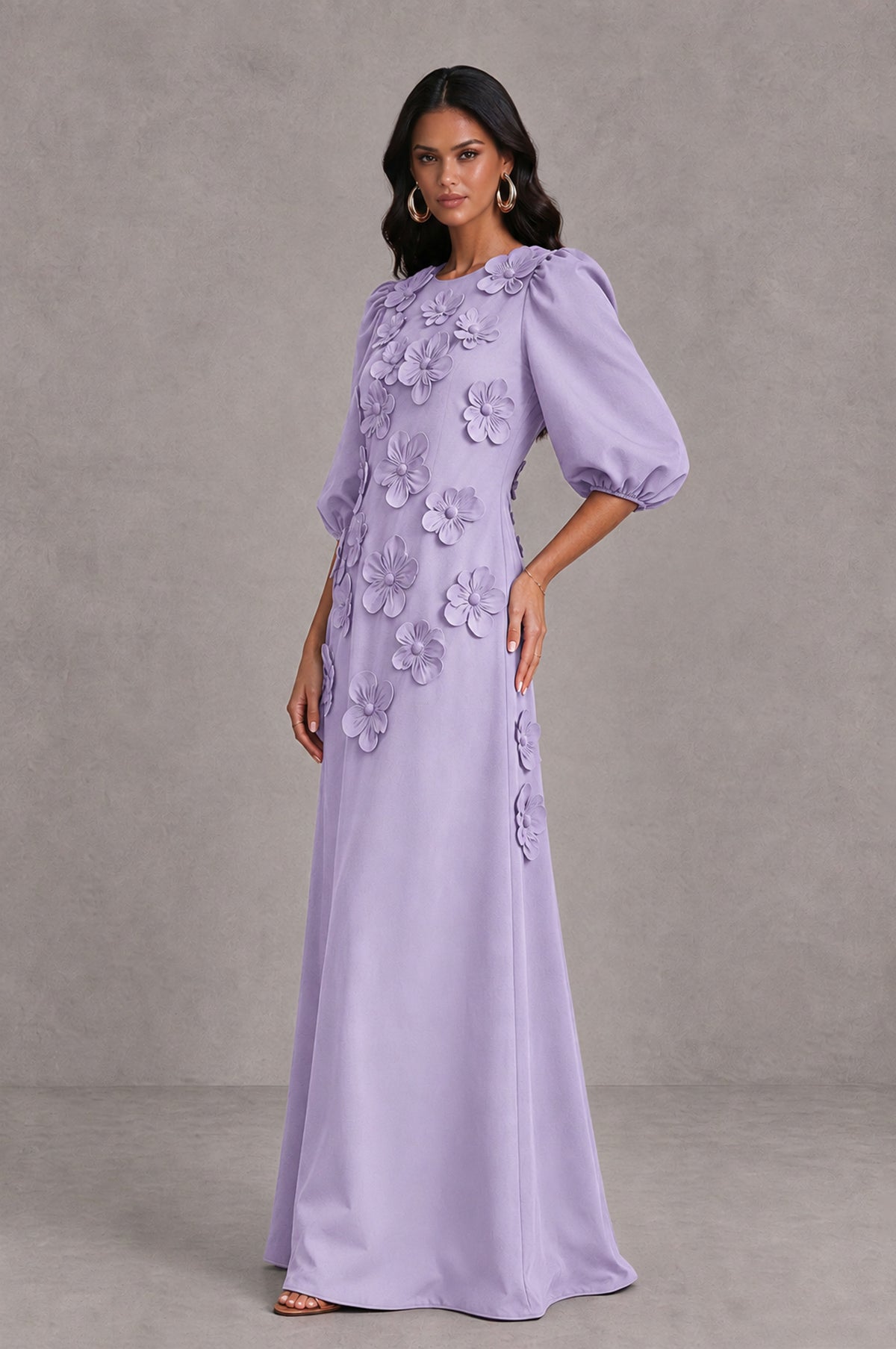 BOLODOO Lilac Floral Applique Puff Sleeve A-Line Evening Dress - Lilac - Lilac (4)