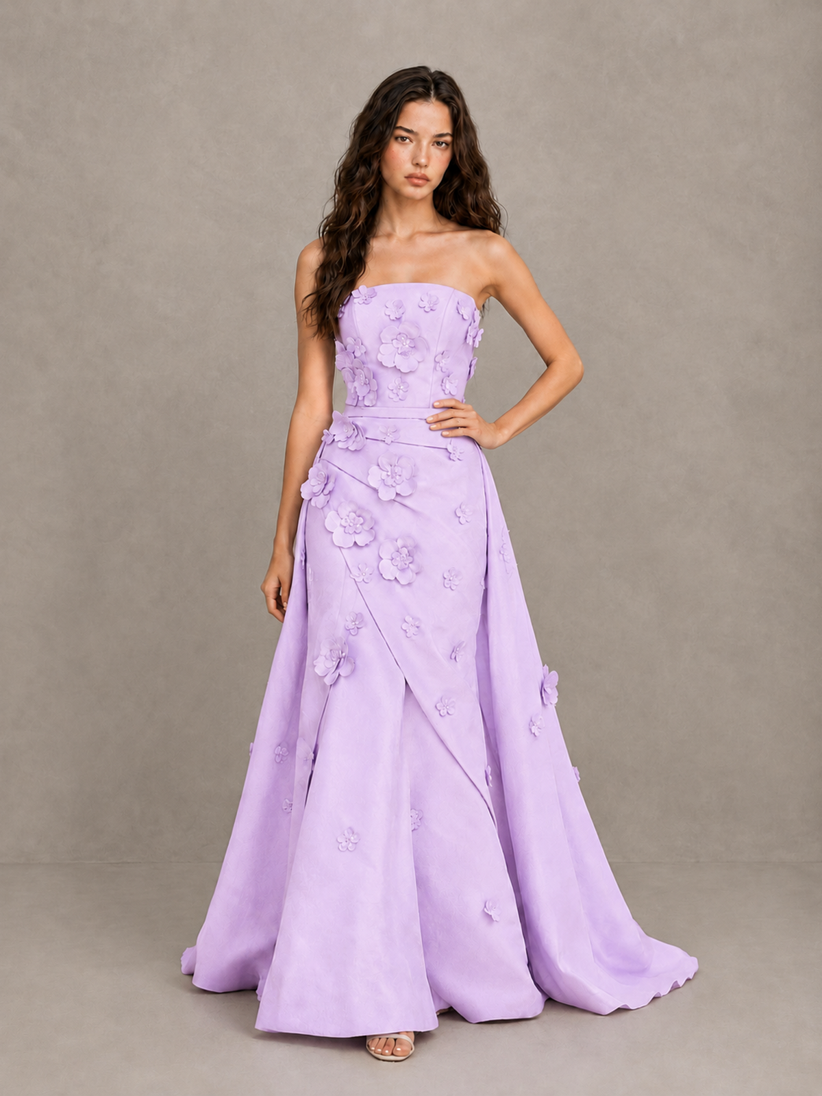 BOLODOO Lilac Strapless 3D Floral Applique Prom Gown with Draped Skirt - Lilac - Lilac (4)