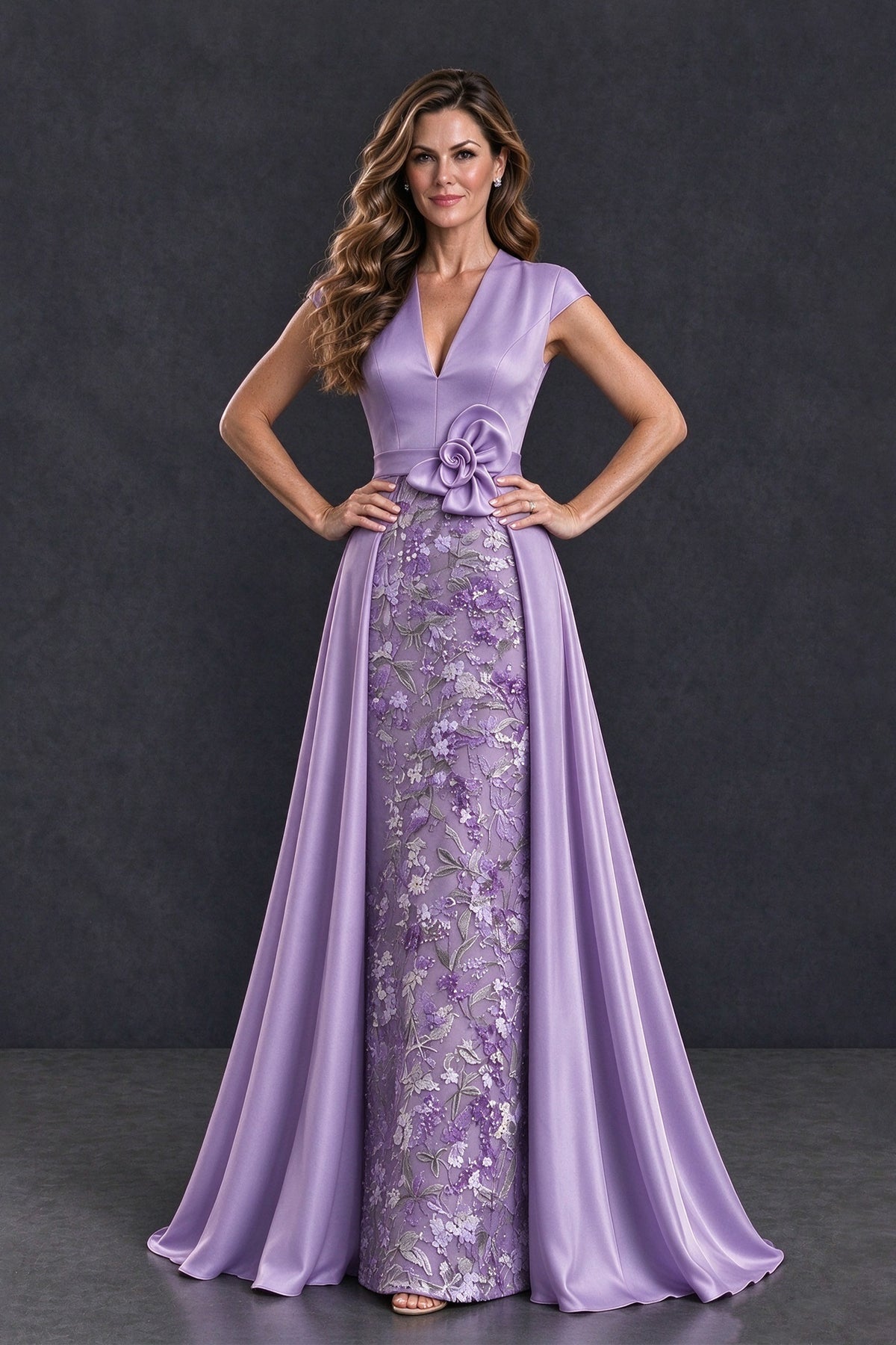 BOLODOO Lilac Satin and Lace V-Neck Mother of the Bride Dress - Lilac - Lilac (4)