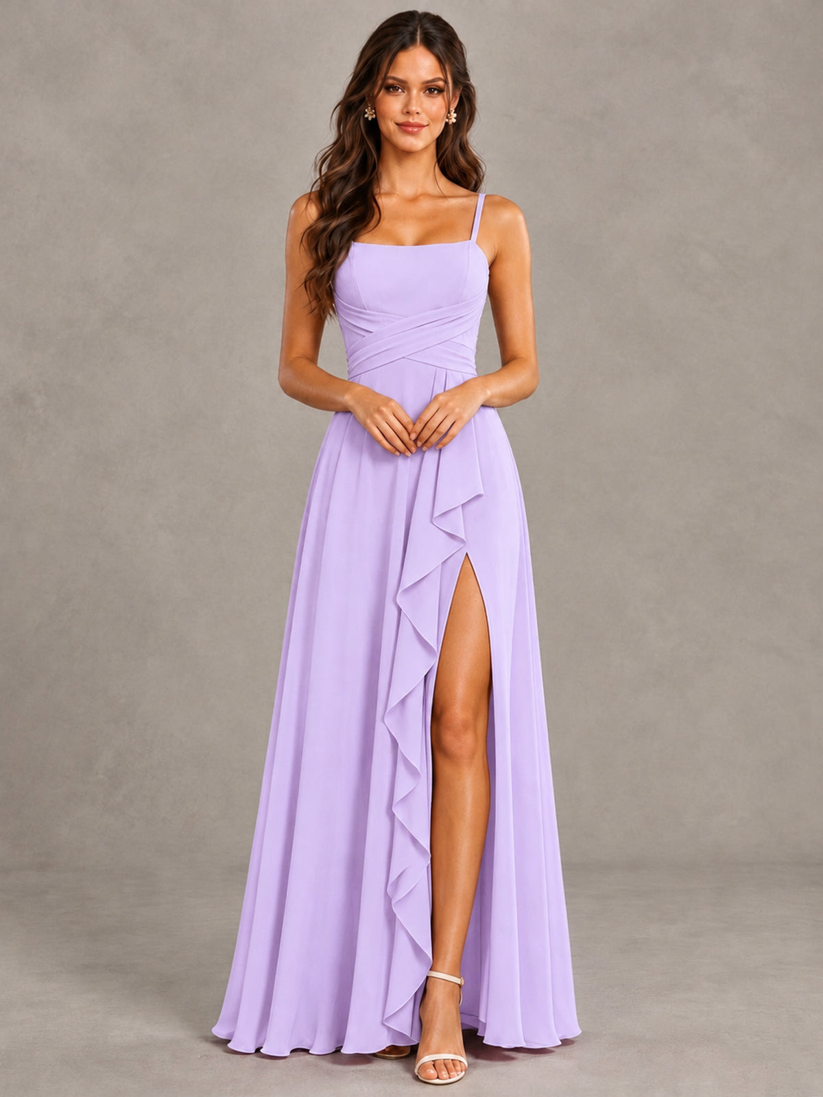 BOLODOO Lilac Spaghetti Strap Ruffle Bridesmaid Dress with Slit - Lilac - Lilac (4)