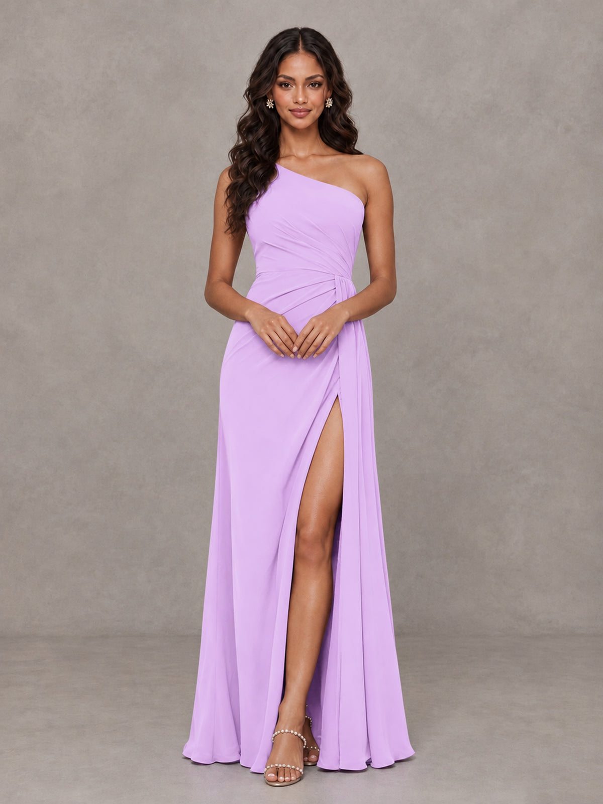 BOLODOO Lilac One-Shoulder Chiffon Bridesmaid Dress with Ruched Bodice & High Slit - Lilac - Lilac (4)