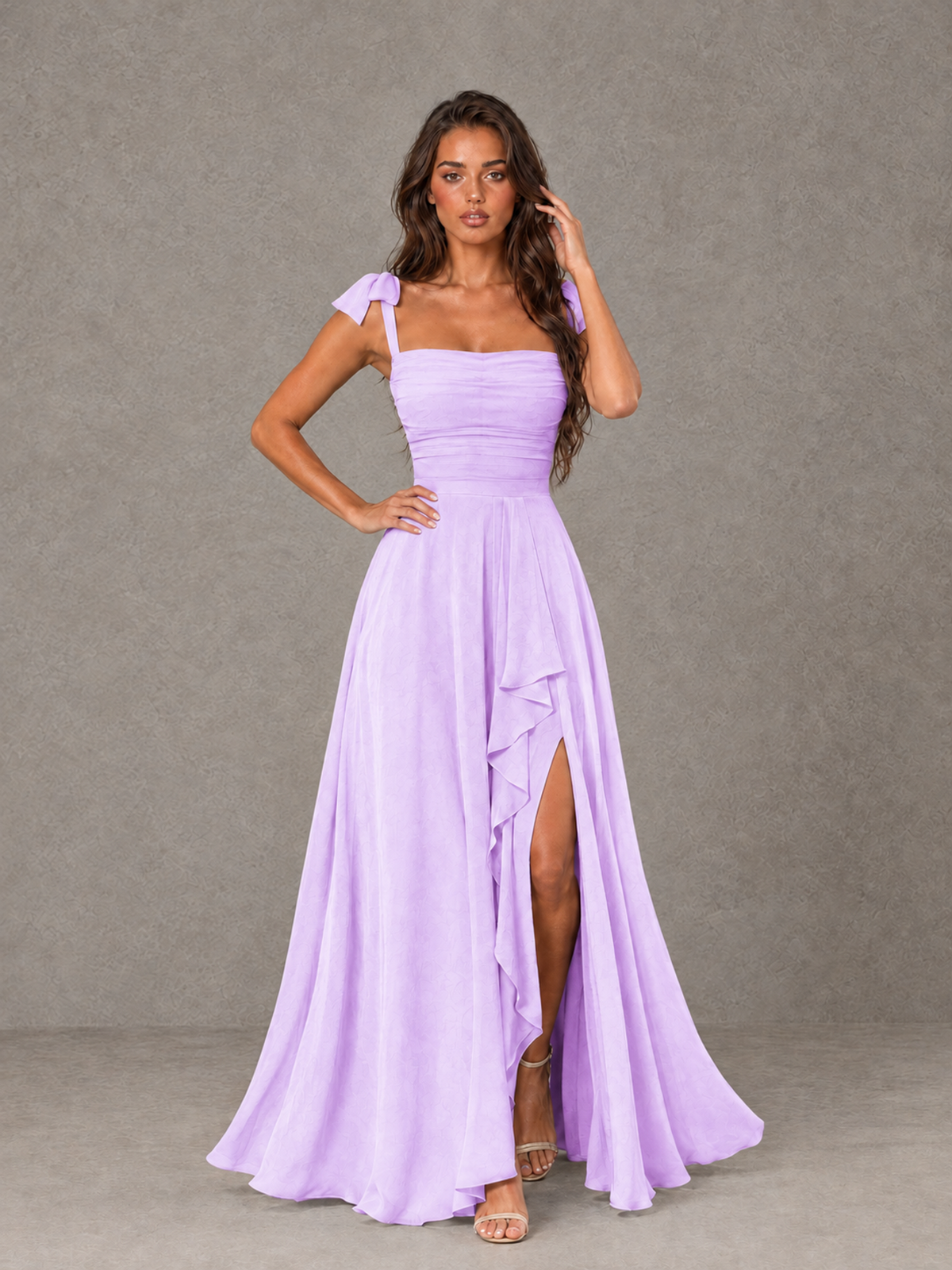 BOLODOO Lilac Bow-Strap Bridesmaid Dress with Ruffle Slit - Lilac - Lilac (4)