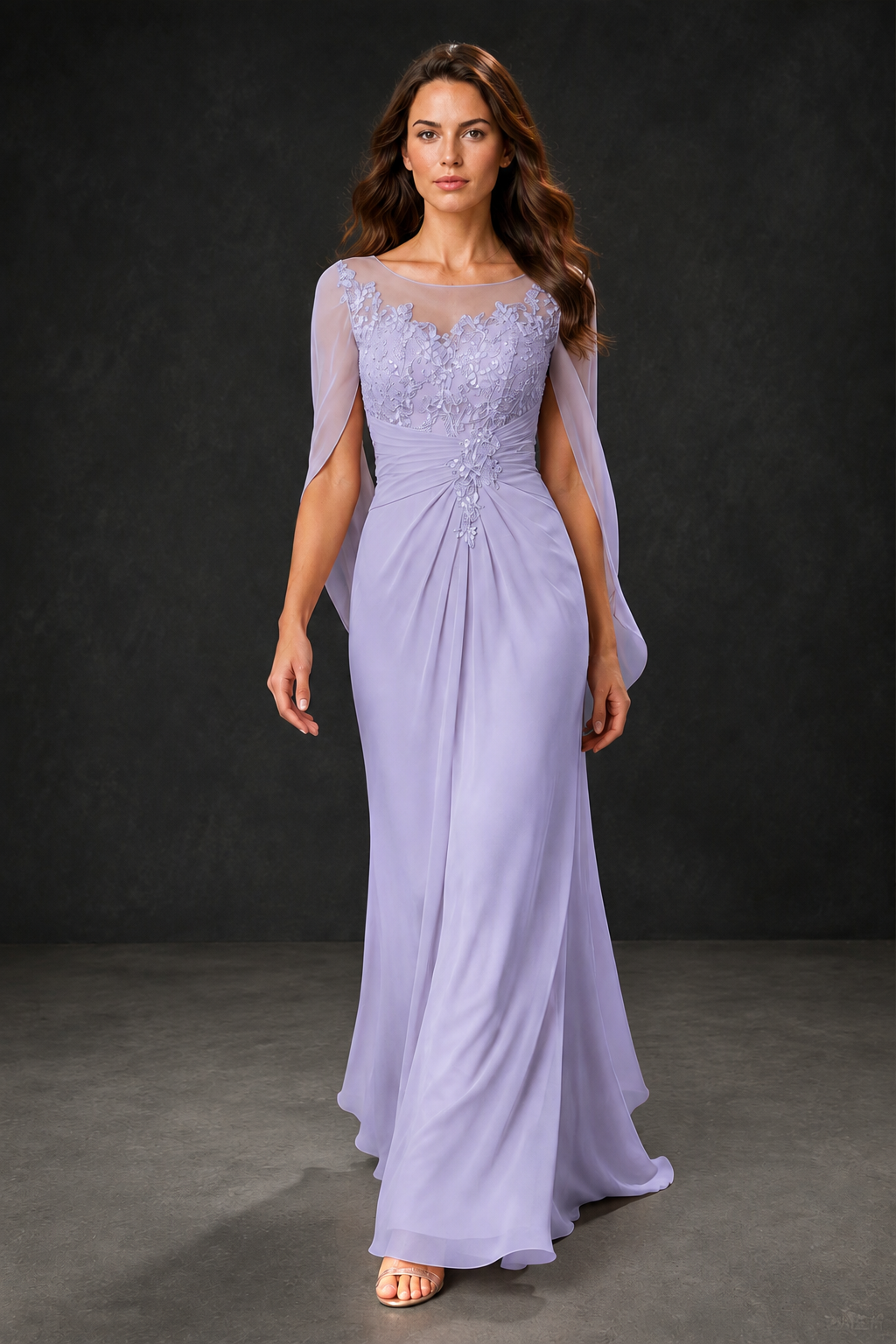 BOLODOO Lilac Illusion Lace One-Side Cape Sleeve Beaded Chiffon Floor Length Gown | Mother of the Bride Evening Dress - Lilac
